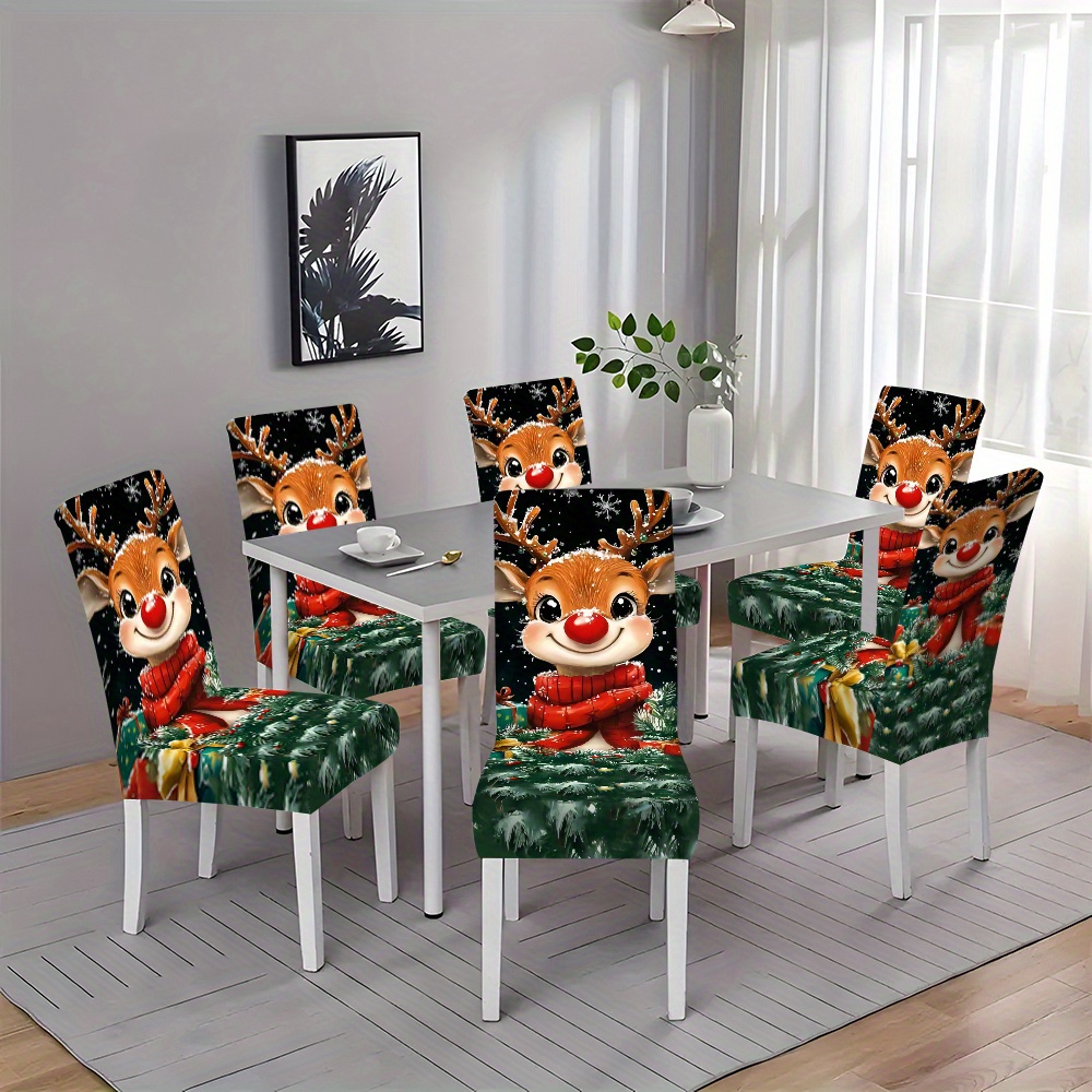 

Christmas Reindeer Print Chair Slipcovers - 2/4/6pcs Set, Contemporary Style, Polyester, , , Holiday Dining Chair Covers And Stool Slipcovers For Home Decor