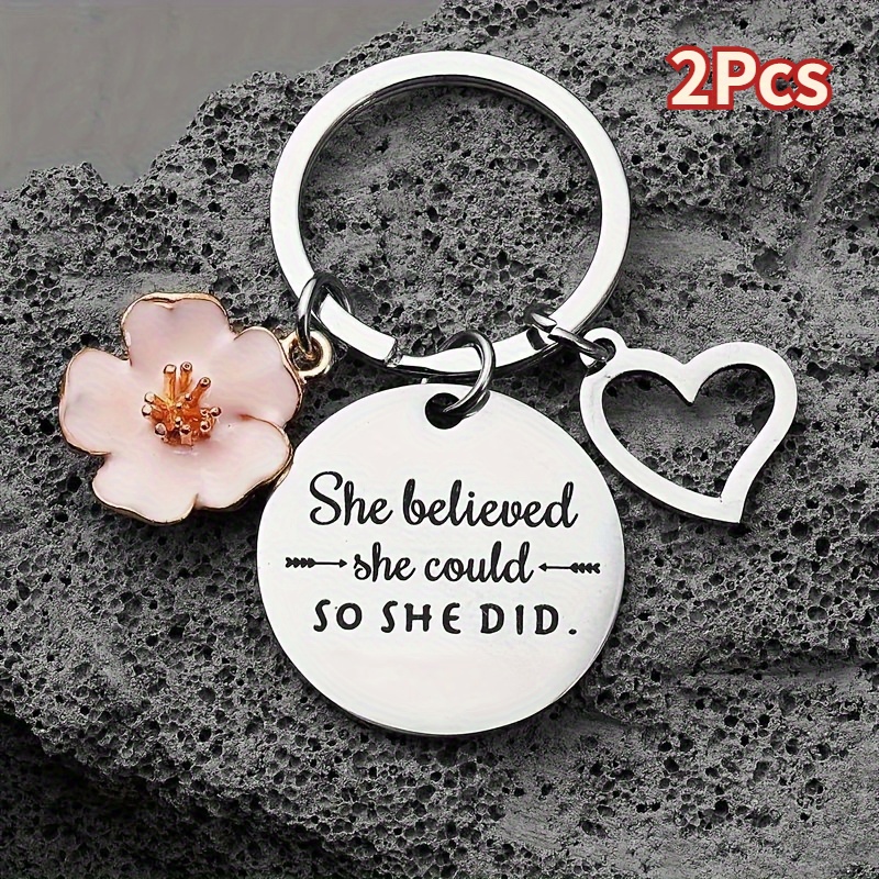 

2pcs Inspirational Stainless Steel Keychains With Pink & Heart Charms - "she Believed She Could So She Did" Motivational Quote - , Unisex Keyring Accessory For Backpacks - Ideal Gift