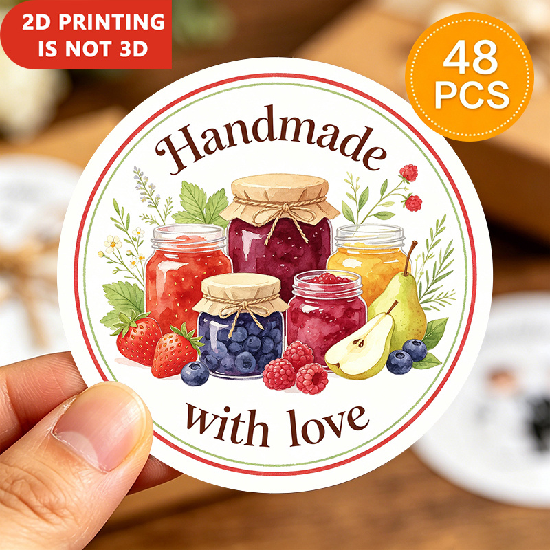 TEMU 48 stuks ronde handgemaakte algemene jamstickers, aquarel met pot van gemengde bessenjam, ideaal voor glazen jamglazen en verpakkingsflesjes,