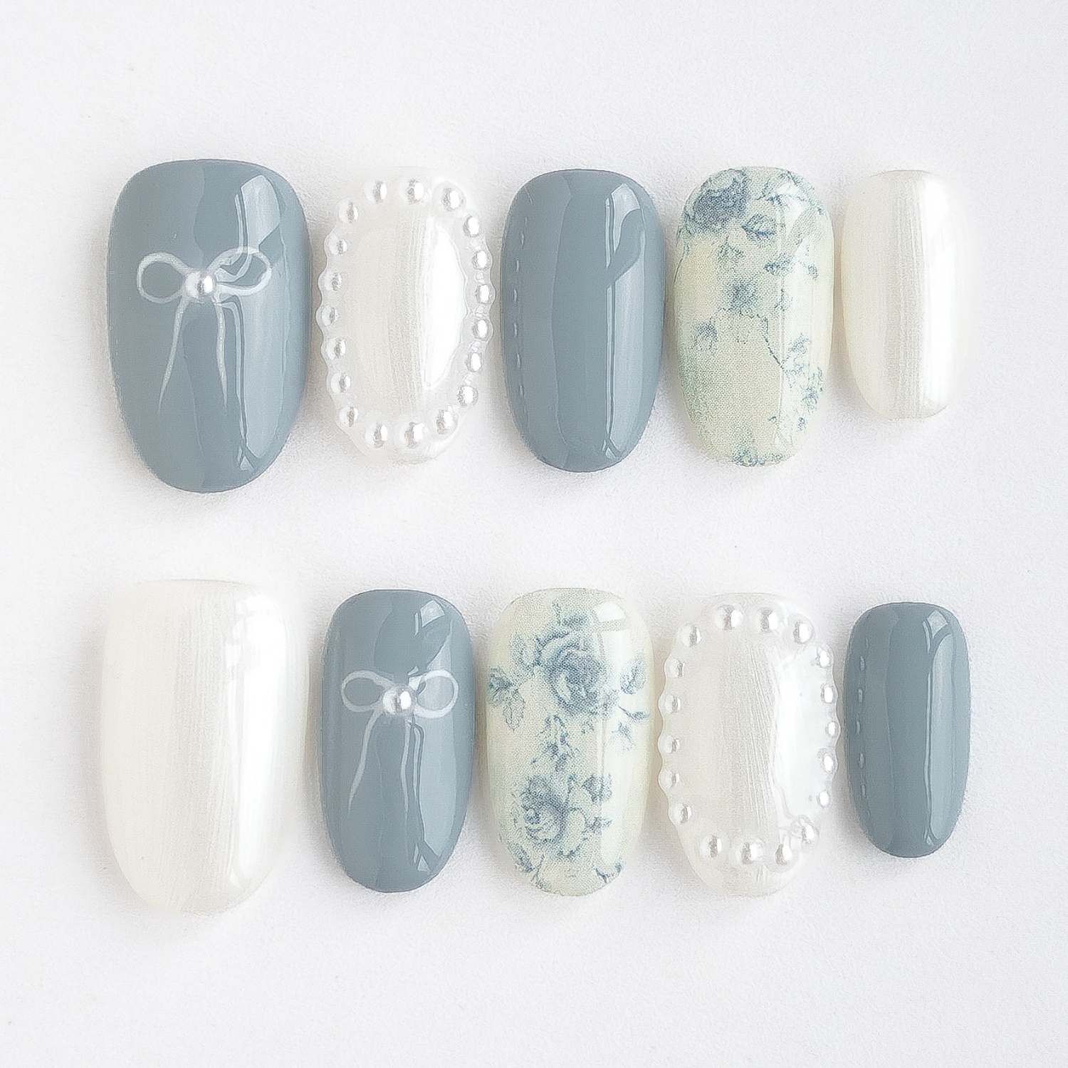 TEMU Handmade Press-on Nails 10pcs, New Short Oval - Morandi Gray Blue Rose With Pearls Nails, Girly Temperament Style, Suitable For Work And Dates,