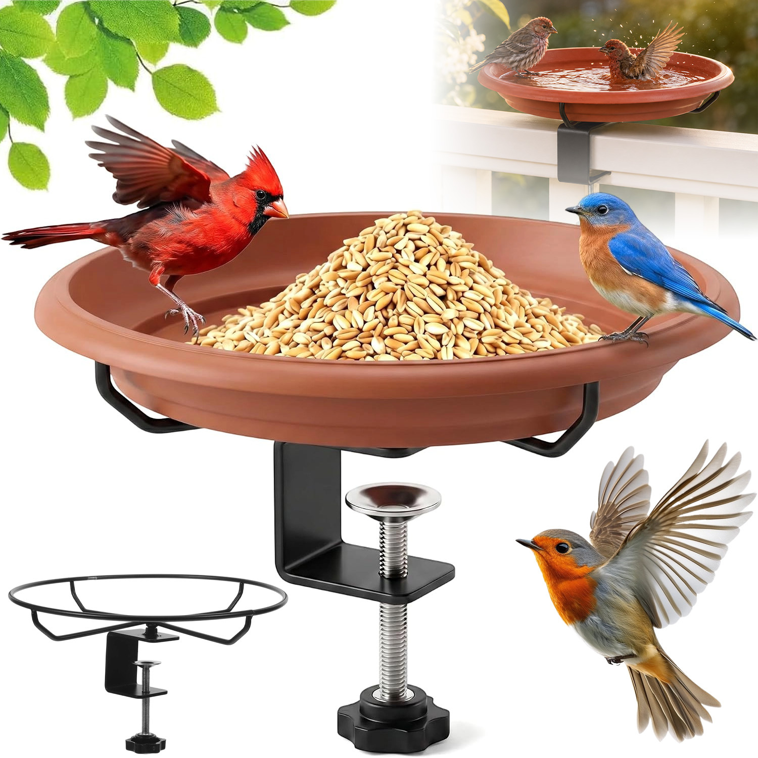 Image of Bird Bath Bowl With Adjustable Steel Clamp, Removable Basin For Balcony Patio Yard And Outdoor Garden Landscape Decoration