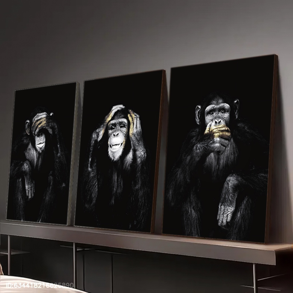 TEMU 3pcs Framed Canvas Art Prints - Modern Wall Decor Set For , Wooden Frame Posters Featuring 3 Wise Monkeys In Black And White, See No Evil, No
