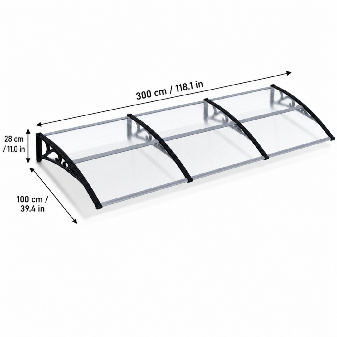 120-300 X 100cm Outdoor Window Awning And Door Canopy, Curved Clear Polycarbonate Cover With Black Support Brackets, Weather Resistant Wall Mounted Shelter For Entrance, Porch, And Patio