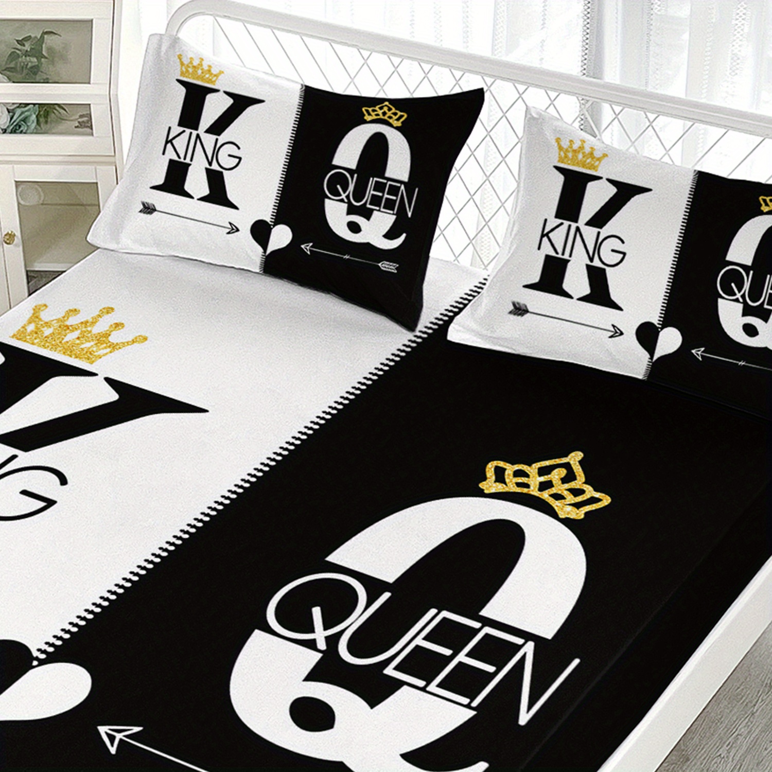 3pcs king queen couple bedding fitted sheets set black white printed bed sheet set for bedroomdormitory and   decorationking and queen   pattern bedding set1 fitted sheet 2 pillowcases without core Product details 4