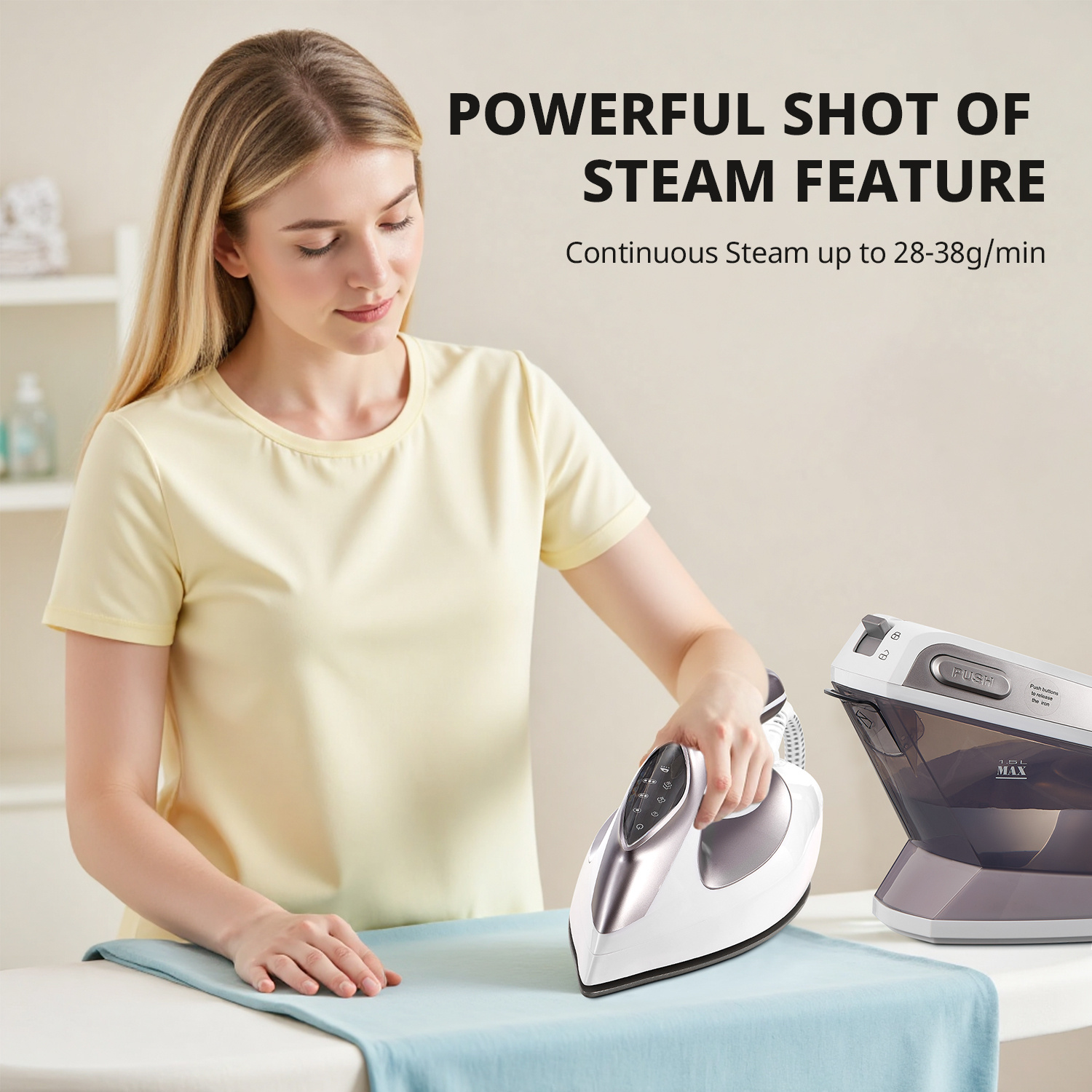 Stoomstation Strijkijzer met 5.5 Bar Druk, 1.5L Watertank, Keramische Zoolplaat, Anti-Kalkfunctie, Verticaal Stomen, Drie Temperatuurinstellingen, Snoeropslag en 2400W Vermogen. Verkrijgbaar in Lichtpaars