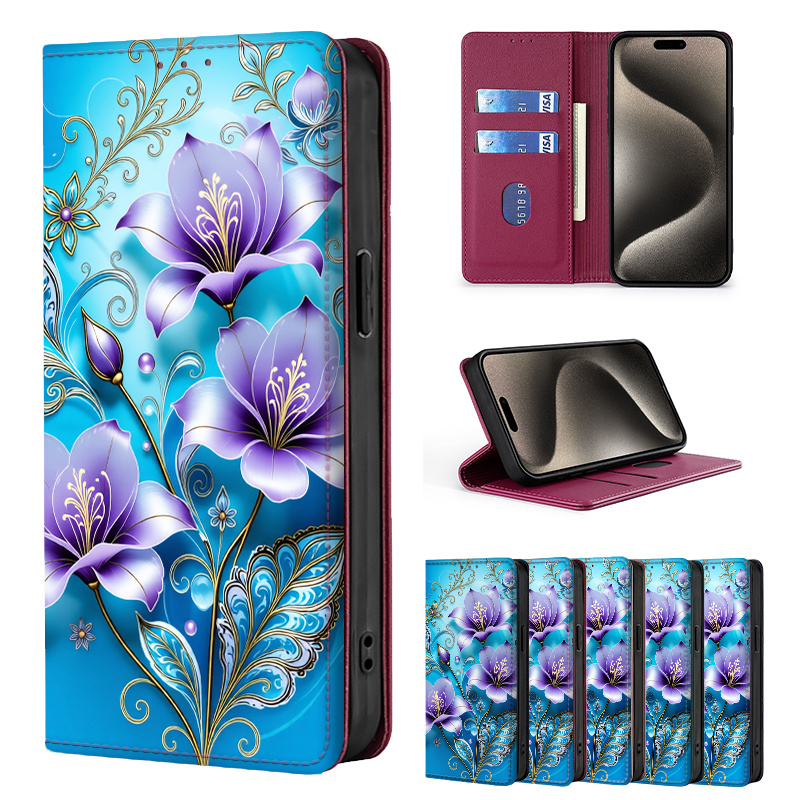 TEMU Phone Case - Colorful Painted Double-fold Edge, Faux Leather Flip Cover Creative Phone Case With Card Slot Anti-theft Stand Wallet, For Galaxy