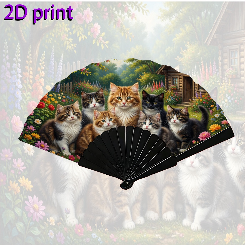 TEMU Éventail Pliant 2D Plat, 1 pièce, Unisexe, , avec Portrait de Groupe de Chats de Jardin Style Peinture à l'Huile, Éventail Portable Pliant à