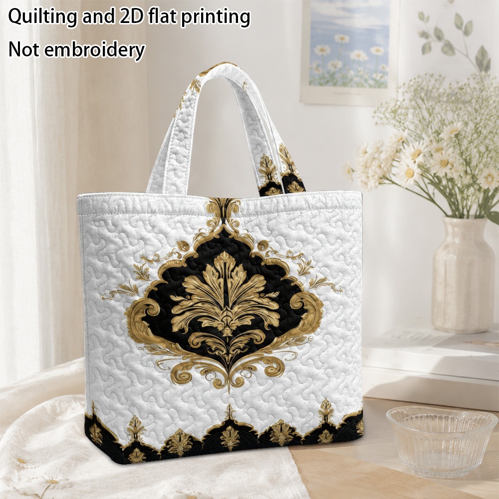 TEMU 2d Flat Printing And 1pc Elegant Golden Floral Quilted Handbag Polyester Flat Print Portable Bag For Outdoor Picnic And Shopping (not, Non-food