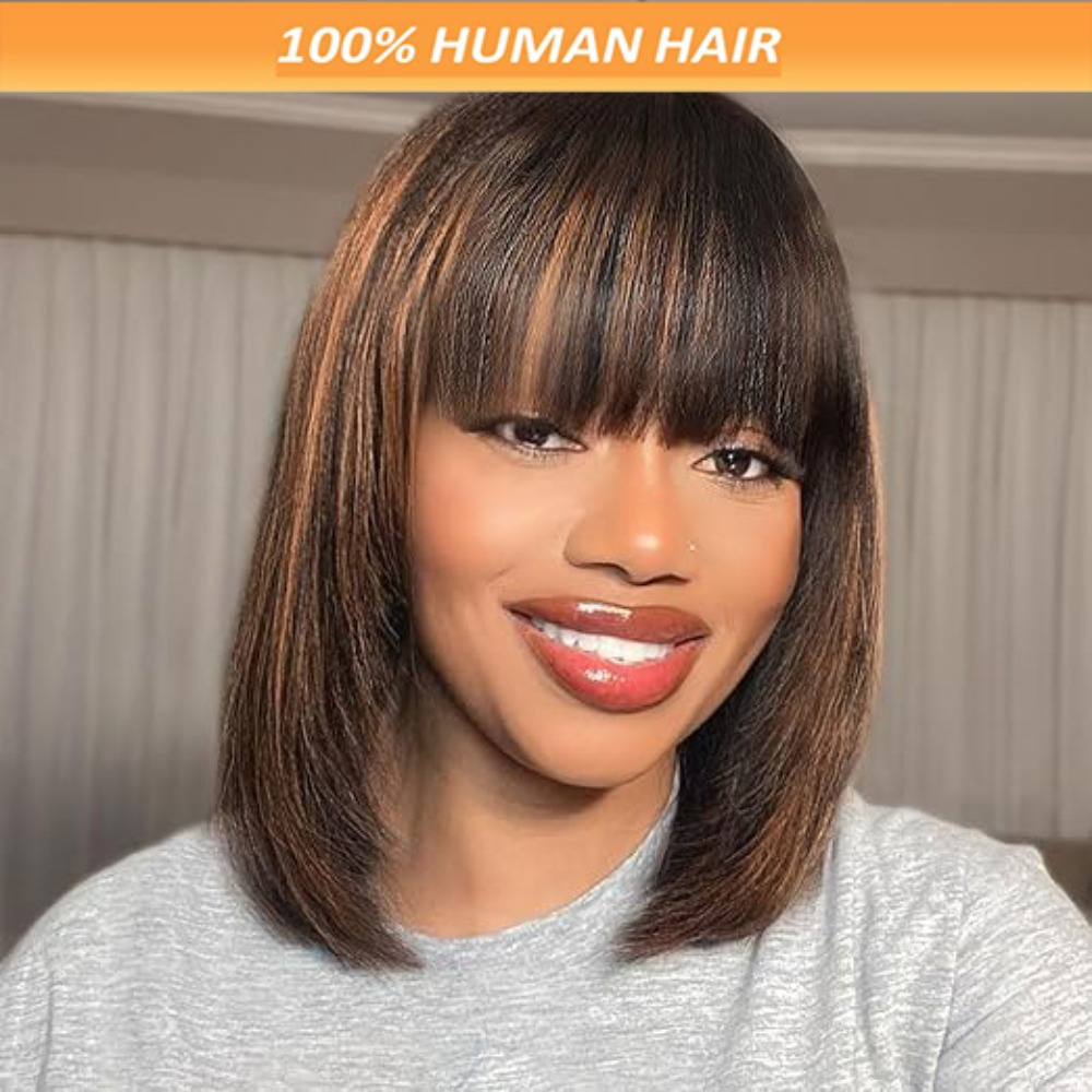 100% menselijk haar korte bob pruik met franje - 180 dichtheid \u0026 blond  highlights (balayage ), lijmvrije draagklare gelaagde snit  afro-vriendelijke pruik voor zwarten, onderhoud (t/30) - beauty en  gezondheid - Temu, image size:1000x1000
