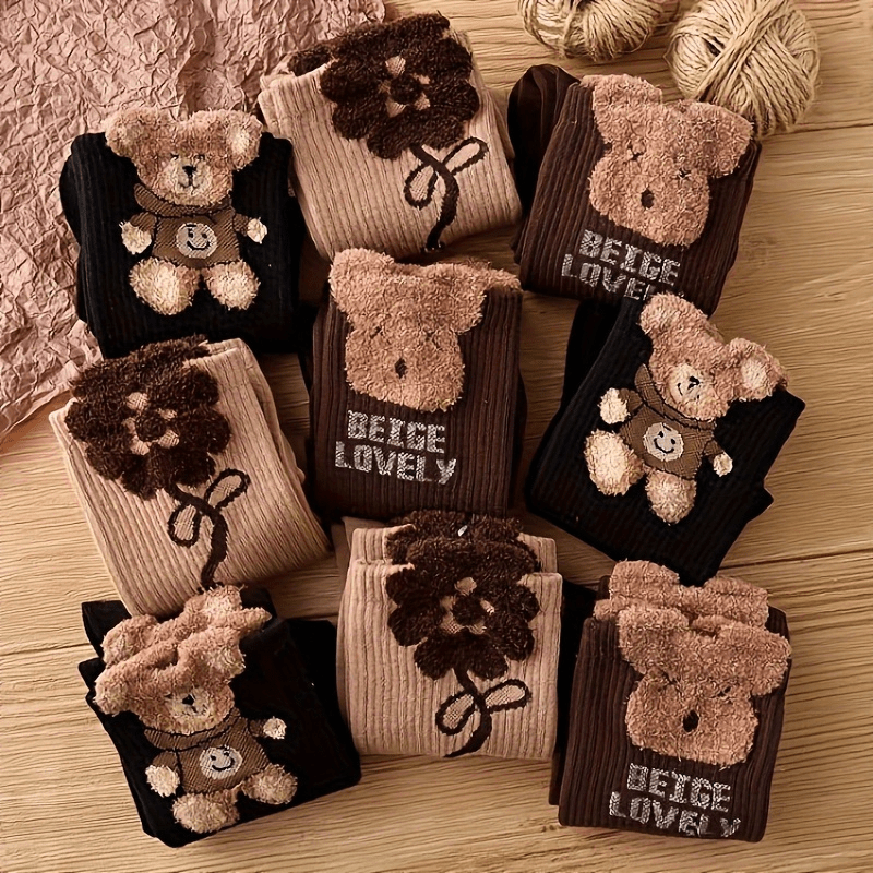 

Women's Knit Polyester Bear Cartoon Print Mid-calf Socks - 3 Pairs, , Animal Pattern, Machine Washable