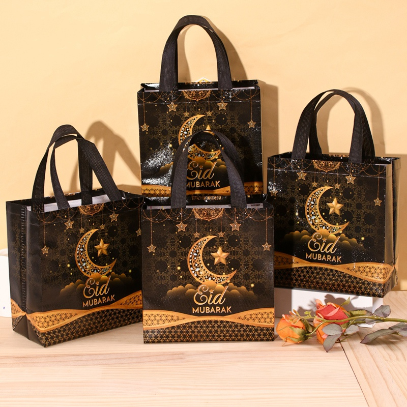 

4/8pcs Eid Tote Bags With Handles, Black Golden Pattern Ramadan Reusable Gift Bag Non-woven Bags, Ramadan Decorations 2025 For Party Supplies Eid Al-fitr Gifts