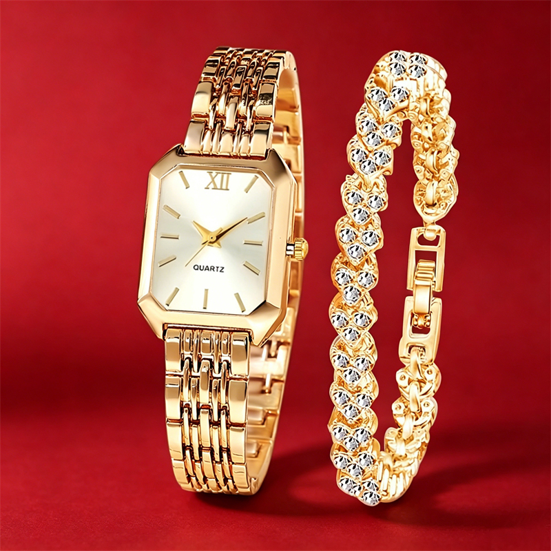 1 ladies watch 1 bracelet elegant square quartz watch with stainless steel strap   for her the best present