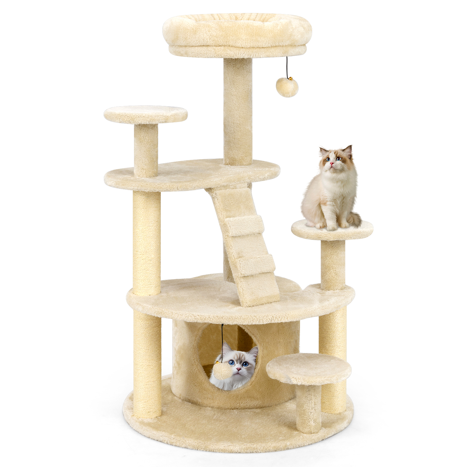 Cat Tower Designed For Grown Cats, Featuring A Cozy Condo, Soft Perches, Scratching Posts, A Plush Hanging Ball, Jumping Platforms, And A Climbing Ladder