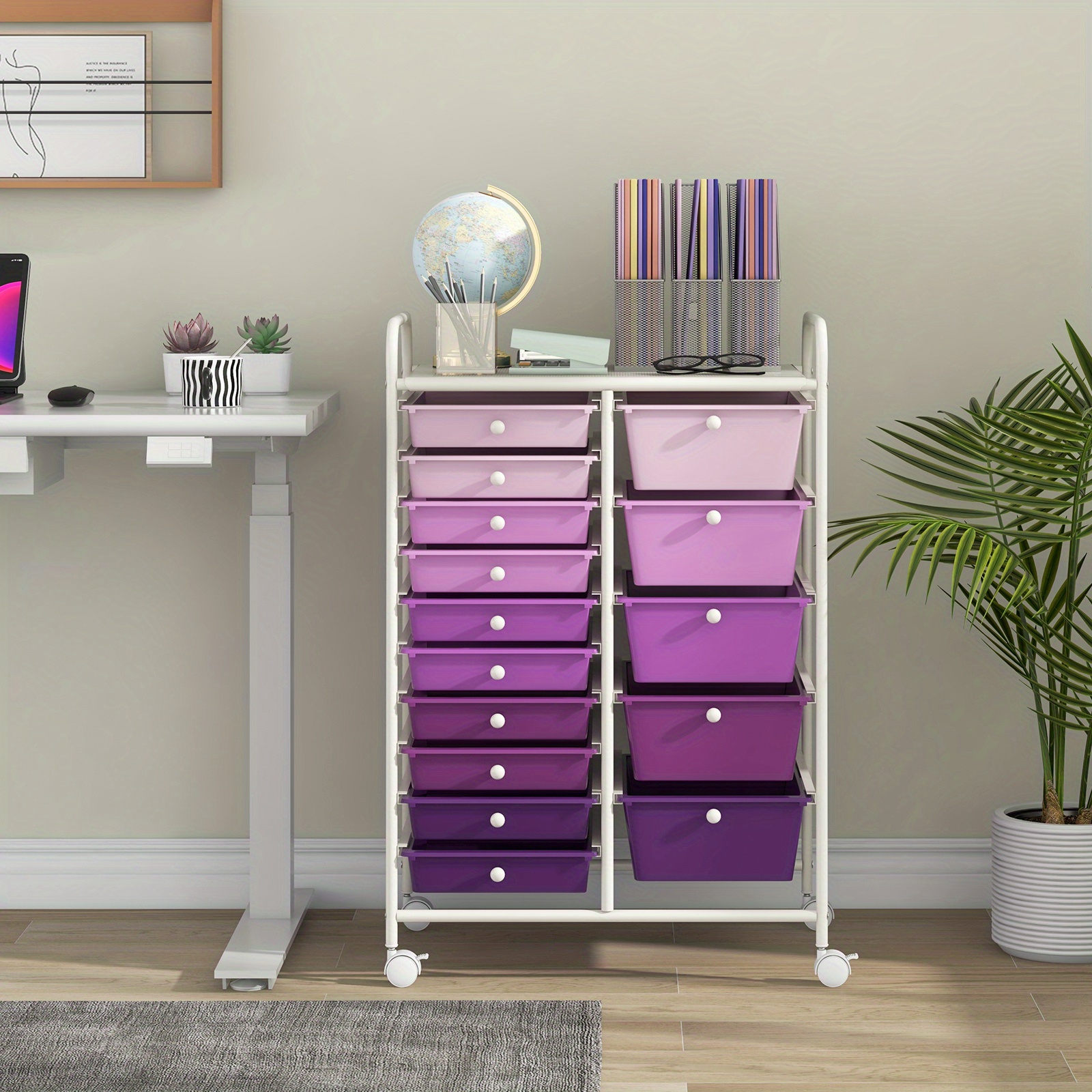 item picture   15 drawer heavy duty rolling storage cart with locking lock 4 wheel mobile organizer frame plastic drawers 5 large 10 small drawers white purple gradient heavy duty rolling cabinet for office