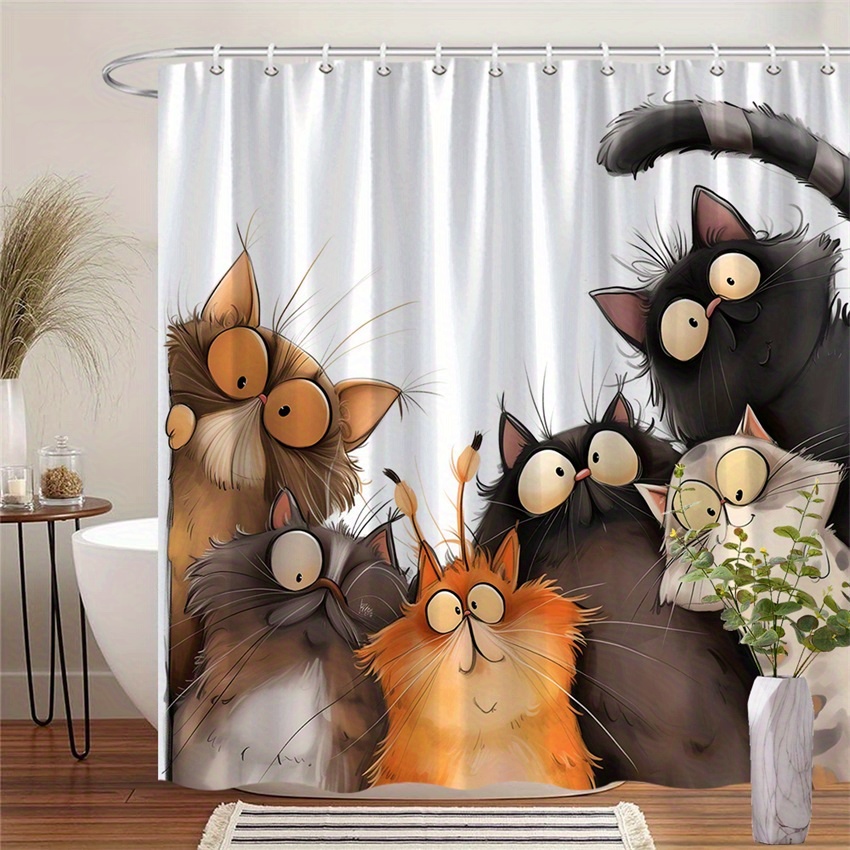 TEMU 1pc Whimsical Anthropomorphic Cats Shower Curtain - 6 Large Brown, Cats With Cartoonish Features & Vibrant Fur Textures On White Background,