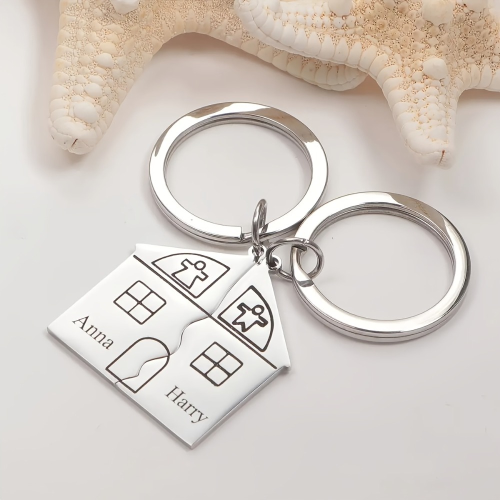 TEMU 2pcs Custom Two-name Engraved Keychain Set, Unisex Personalized House Keychain - Customizable Engraved Stainless Steel House-shaped Key Ring,