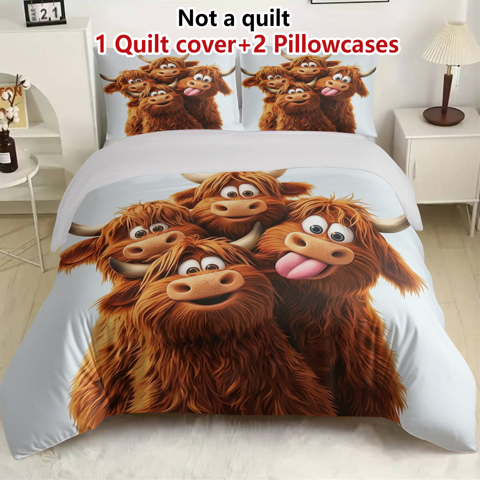 TEMU 3pcs Highland Cow Print Duvet Piece Set (1 X Duvet Cover And 2 X Pillowcases, Comforter Not Included), Rustic Theme, Colorful Bedding, Soft,