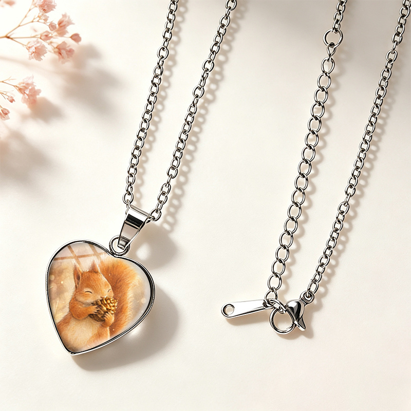 Handmade Watercolor Squirrel & Pinecone Glass Cabochon Necklace