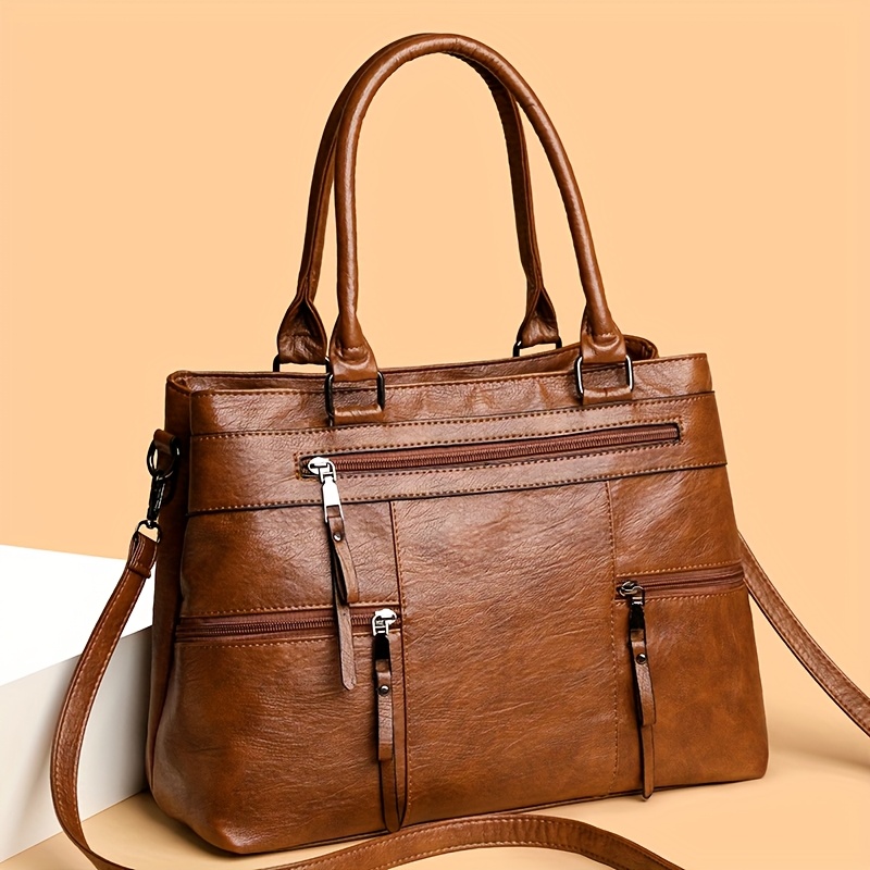 TEMU Retro Luxury Genuine Leather Women's Handbag - Large Capacity, Elegant Business Shoulder Bag With Detachable Strap, Zipper Closure, Soft Brown