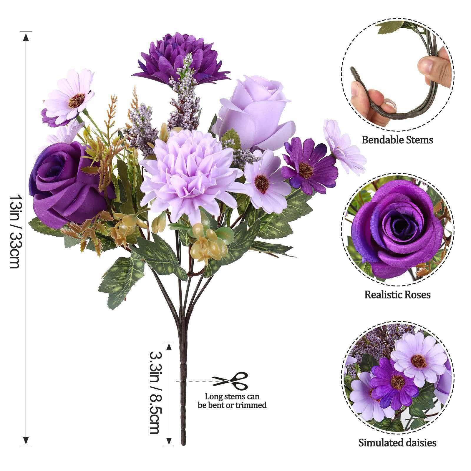 TEMU 1 Bunch Of Purple Artificial Flowers, A Realistic Mixed Bouquet Of Hydrangea Faux Flowers With Roses, Dahlias, And Daisies, Maintenance-free