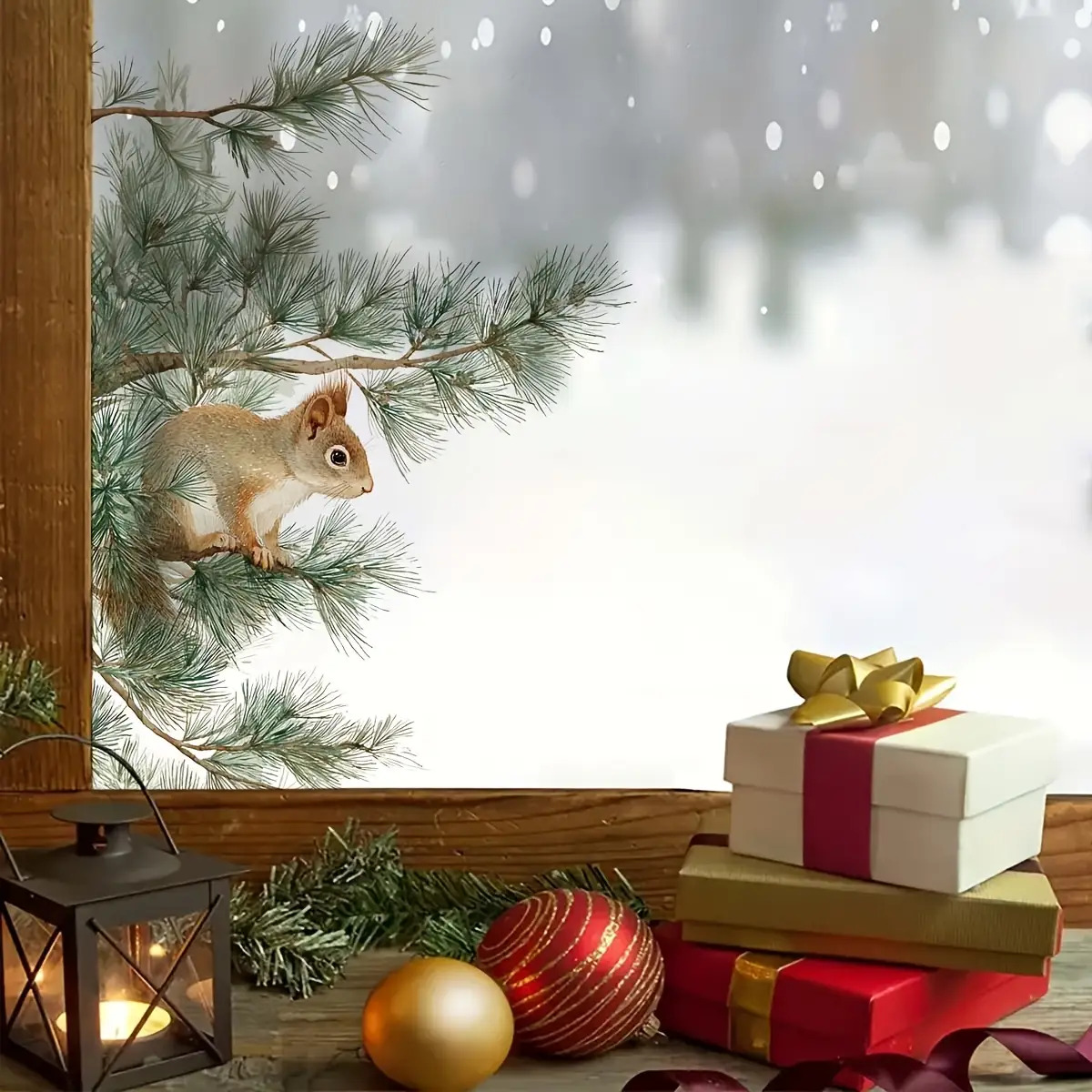 TEMU 1pc Autocollant en Verre Thème Noël Écureuil Branche de Pin, Décoration Adhésive pour Portes et Fenêtres, Ambiance Chaleureuse d'Hiver