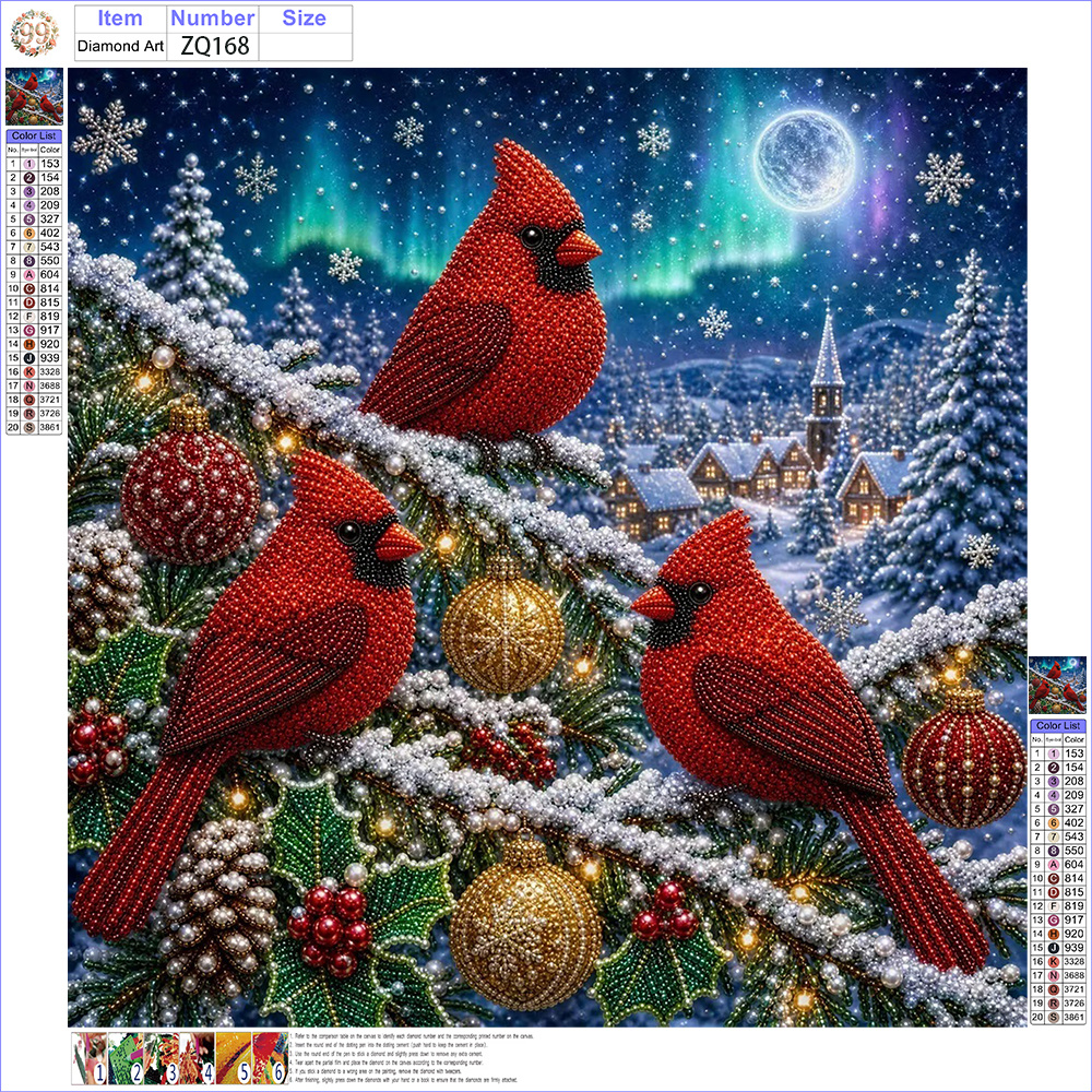 TEMU Kit de peinture d'art perle 11.8 X 11.8 pouces - Design Trois cardinaux sous boréales, comprend des perles rondes, des étincelantes, des clairs,