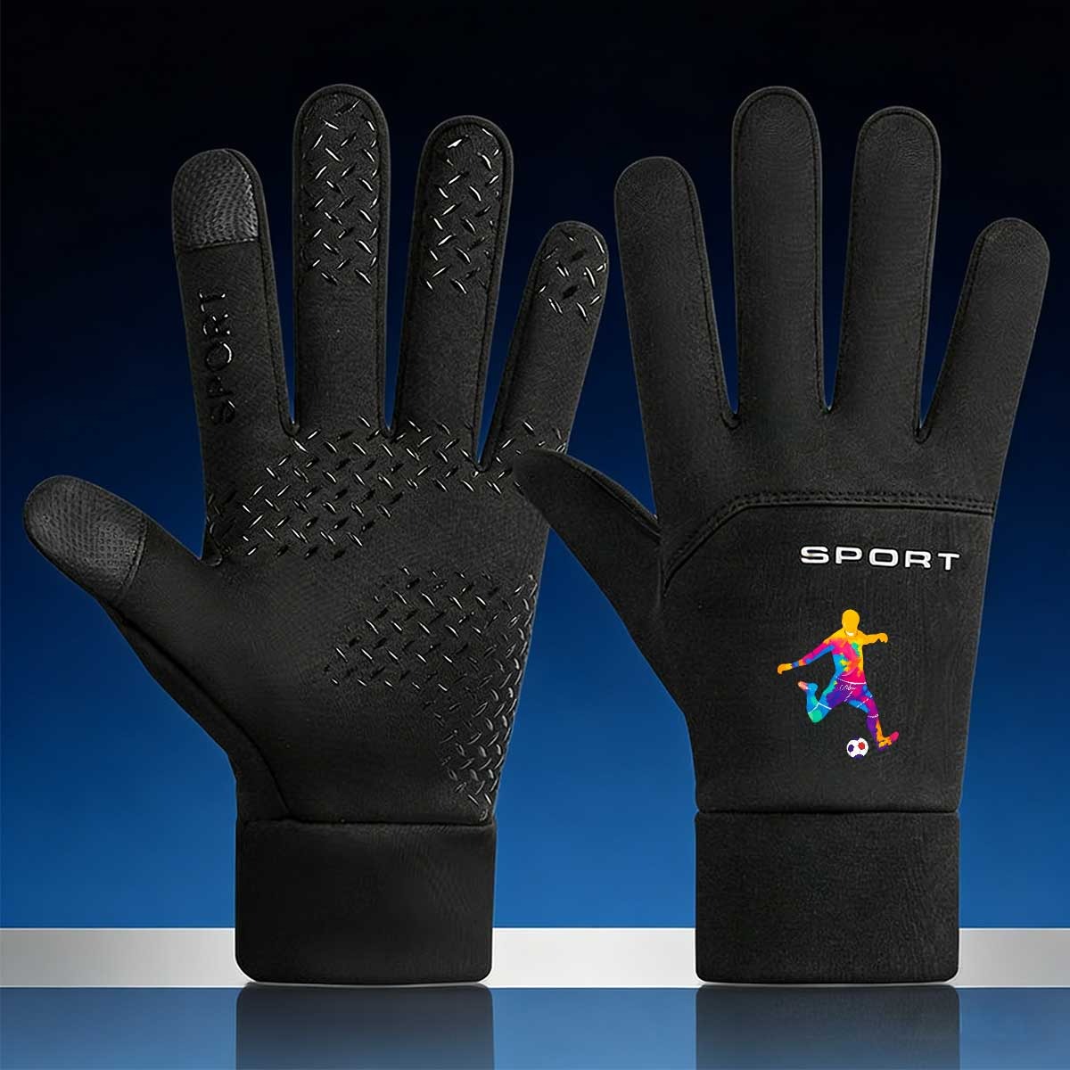 TEMU 1 Pair Colorful Soccer Player Print Winter Gloves - -resistant With Grippy Palm, Touchscreen Compatible For Outdoor Activities Like Football,
