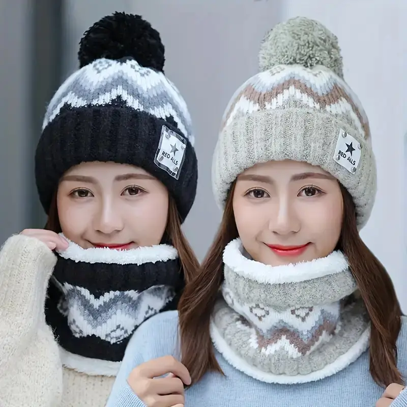 2pcs winter womens winter hat and scarf set star decoration pink and white striped hat soft fleece beige pink white grey black elastic comfortable fleece lining suitable for skiing cycling daily cold weather multifunctional hat winter scarf set winter hat for women hat scarf set fall winter hats women Product details 0