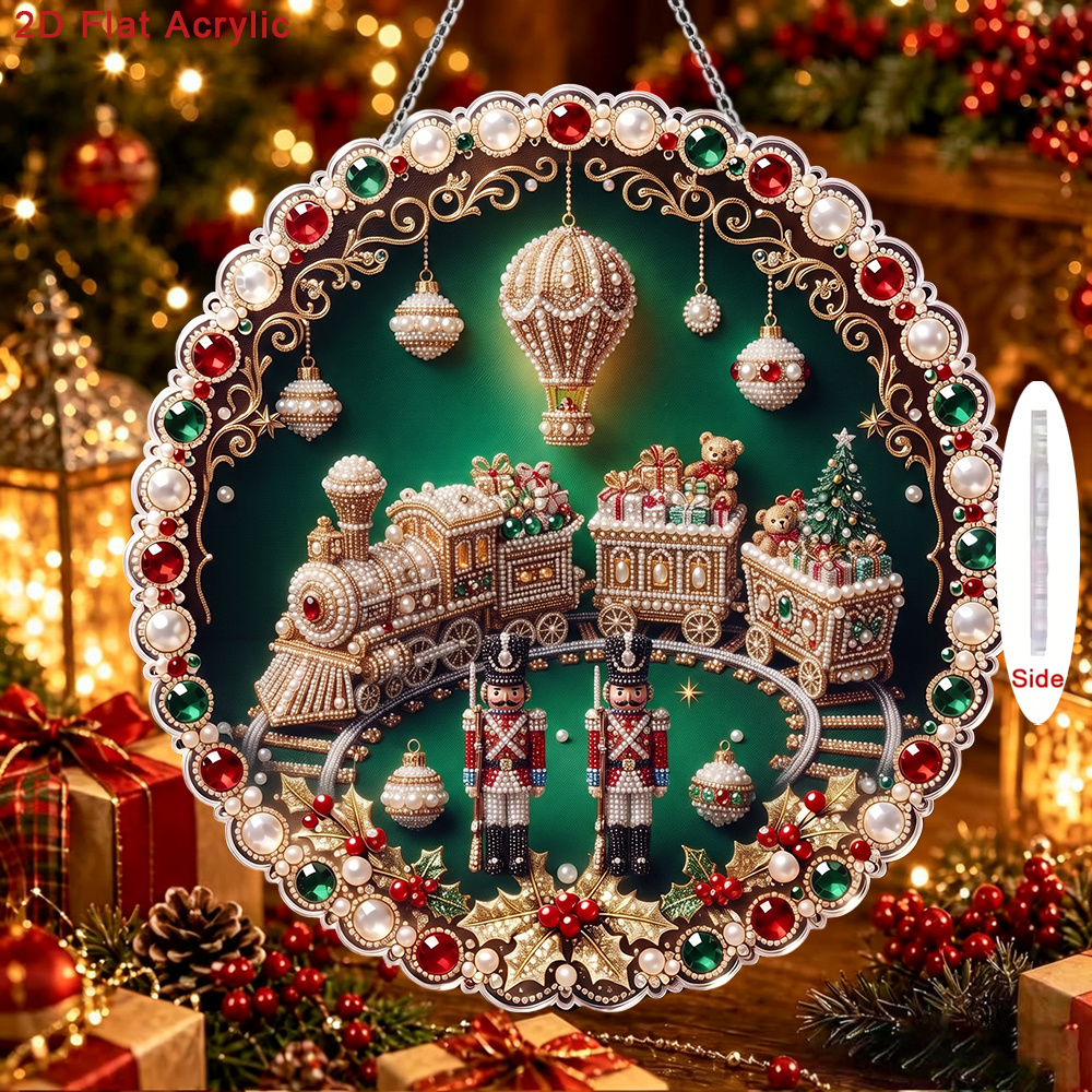 TEMU Kit de pendentif plat 2D à soi- avec perles acryliques et strass, pendentif rond avec impression 2D/plate, motif de train de Noël et à texture