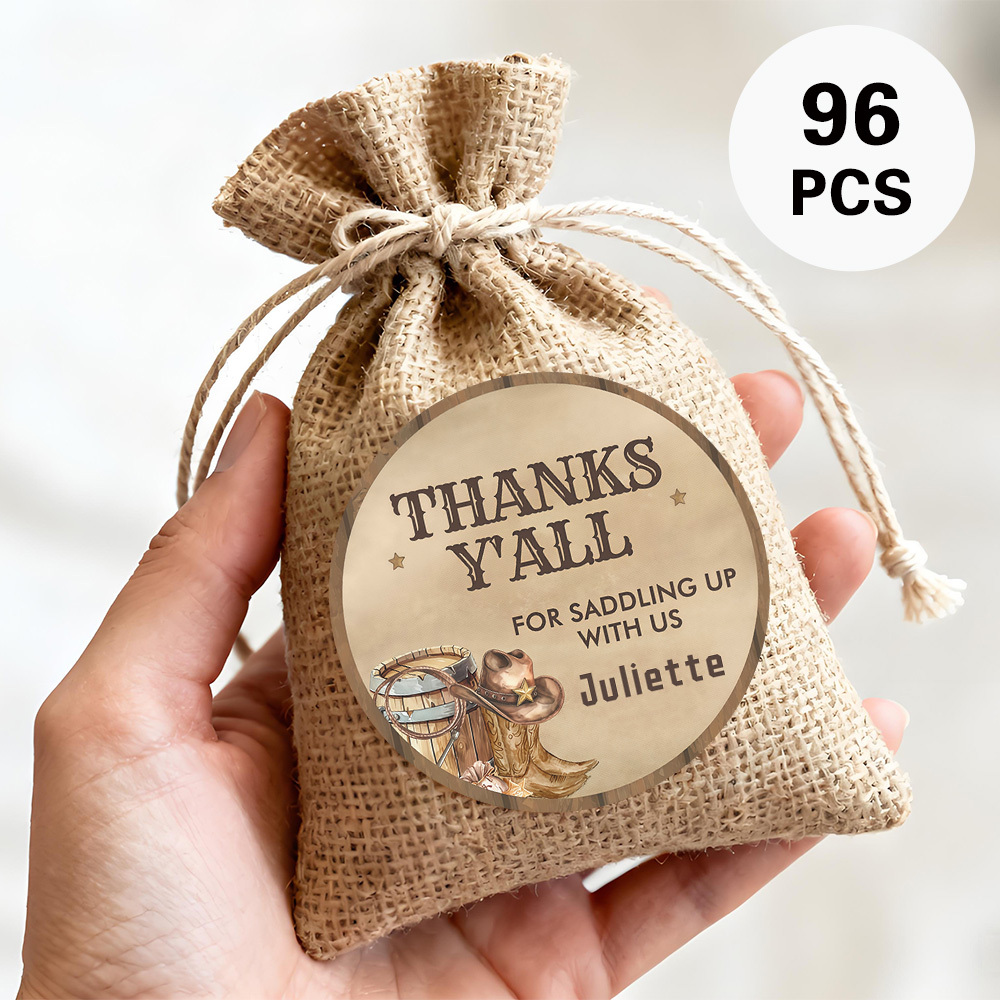 TEMU Personalized Round Stickers With A Thank-you Theme, In Sets Of 48 Or 96. Featuring A Vintage Country Style With Cowboy , Are Perfect For Party