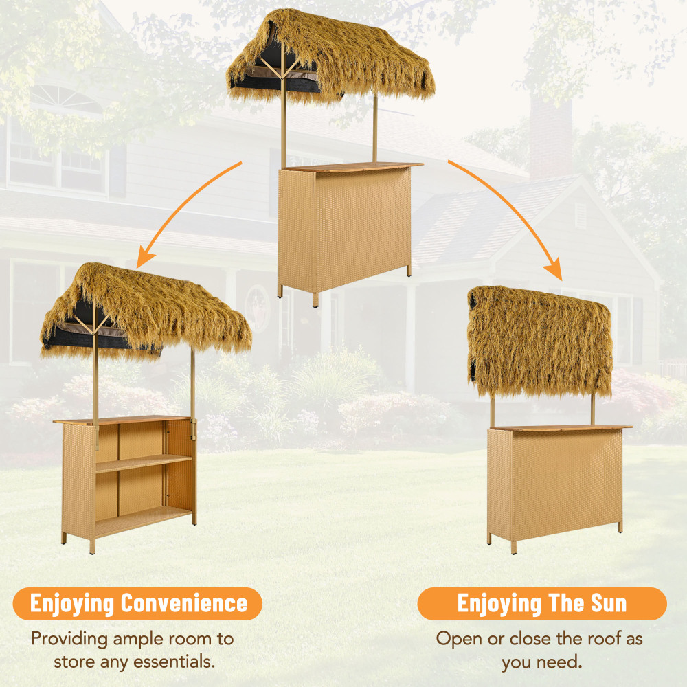 Outdoor Bar Set with Grass Canopy, 2-Seat Patio Bar Table And Stools, Bar Height Outdoor Dining Set, Adjustable Feet Design, Built-In Storage Space, Tiki Bar Furniture for Backyard Poolside Garden Deck Porch Balcony