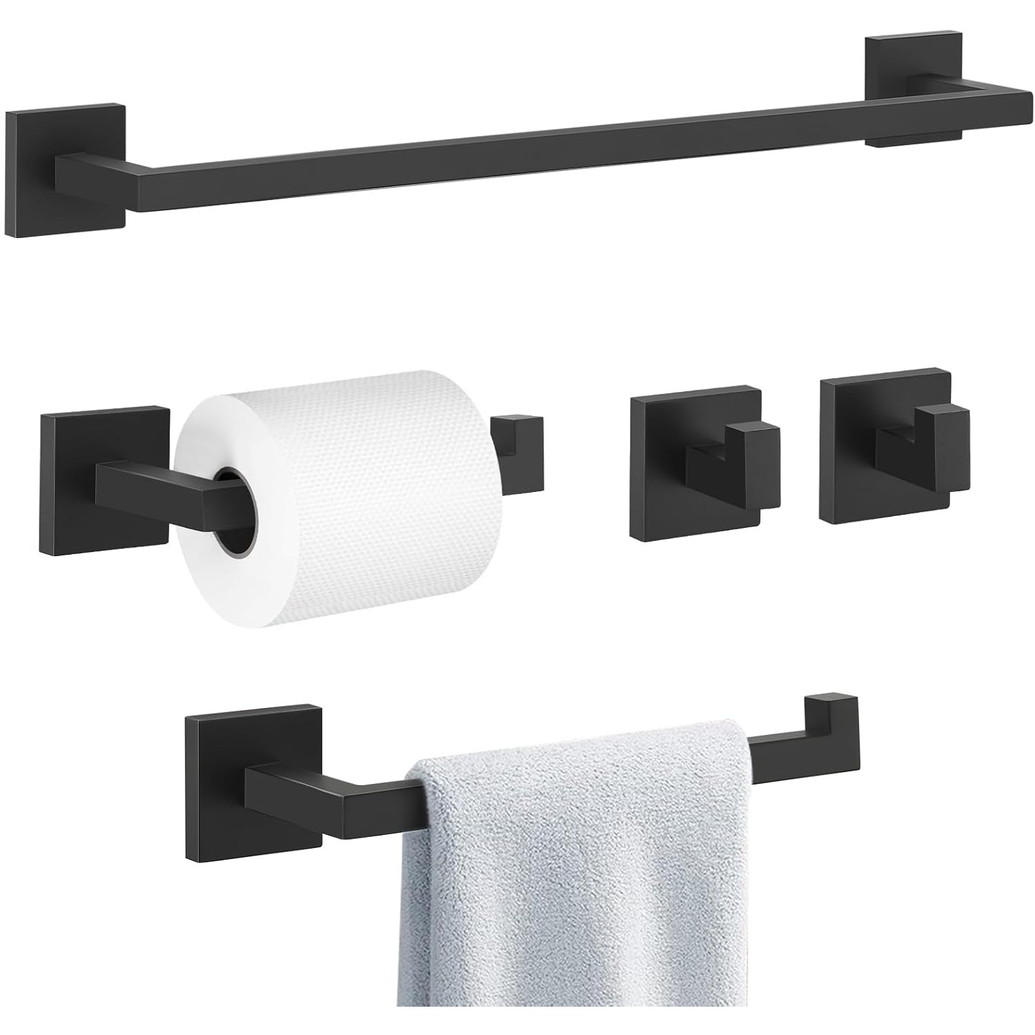 Image of 5pcs Matte Black Bathroom Hardware Set, 23.6 Inch Bath Hand Towel Bar Set, 2 Robe Towel Hooks Toilet Paper Holder Towel Racks For Bathroom Wall Mounted, Towel Racks