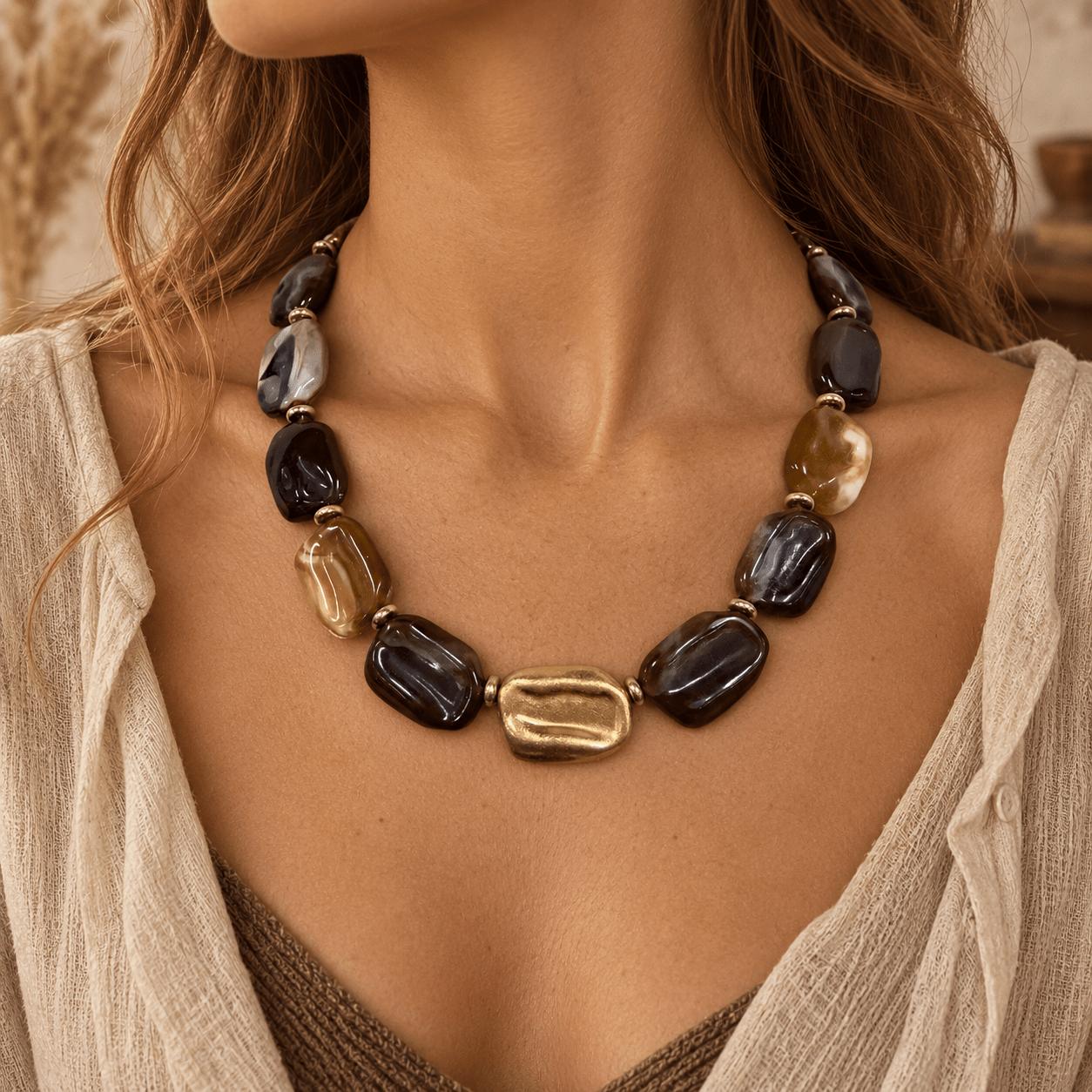 TEMU Collar vintage de cuentas de resina marrón con CCB en tono dorado, collar retro para mujer, joyería de de otoño invierno con patrones de resina