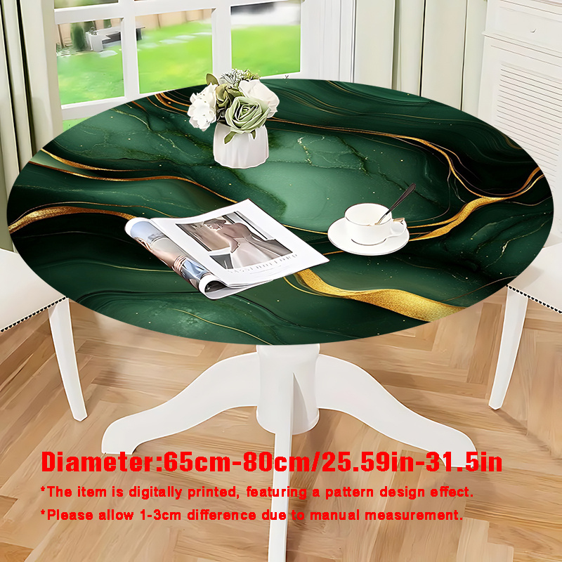 TEMU Jit1pc 2d Flat Printed Round Elastic Tablecloth In Dark Green With Golden Patterns, Luxurious Style, Suitable For Round Dining Tables, Made Of