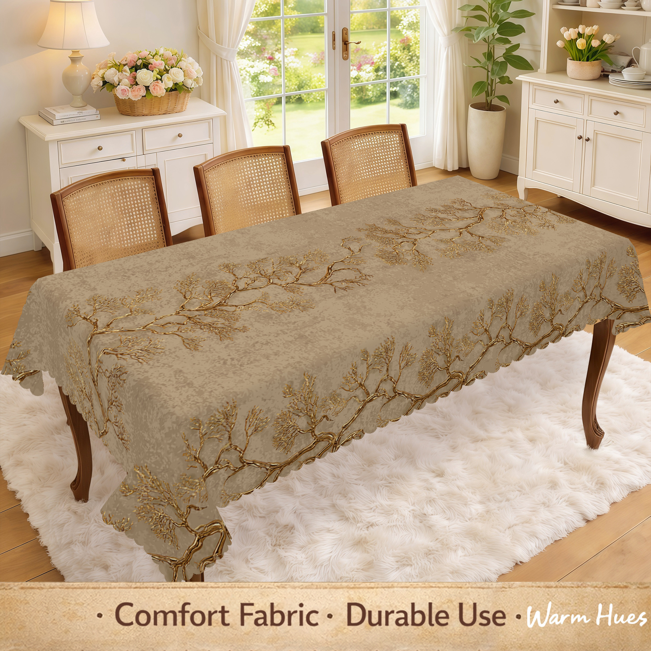1pc, Vintage Golden-Brown Tree Tablecloth, Elegant Golden Branch Print with Intricate Twigs And Leaves, Artistic Nature Design on Textured Beige Background, Botanical Style Table Cover for Dining Room, Kitchen And Home Decor, 7 Sizes Available