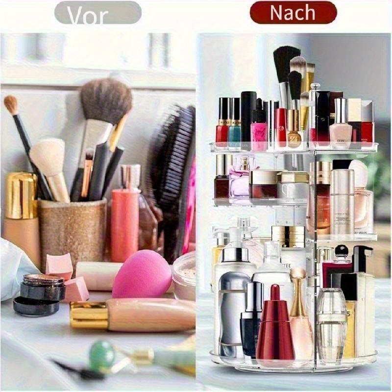 360 rotating makeup organizer transparent vanity shelf with multi tiered compartments space saving cosmetic storage for bathroom desk dressing table heavy duty plastic construction easy clean vanity tray makeup vanity desk sleek beauty holder   material sturdy construction skincare routine Product details 8