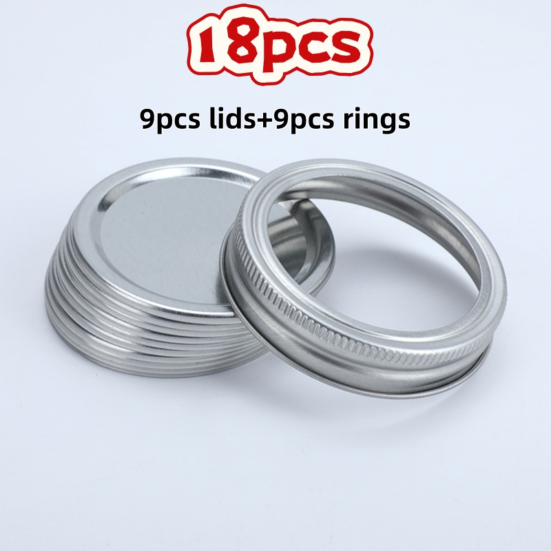 TEMU 18pcs (9pcs Lids And 9pcs Rings), Regular/wide Mouth Canning Rings And Lids, Split-type Lids With Silicone Seals Rings Leak Proof And Secure For