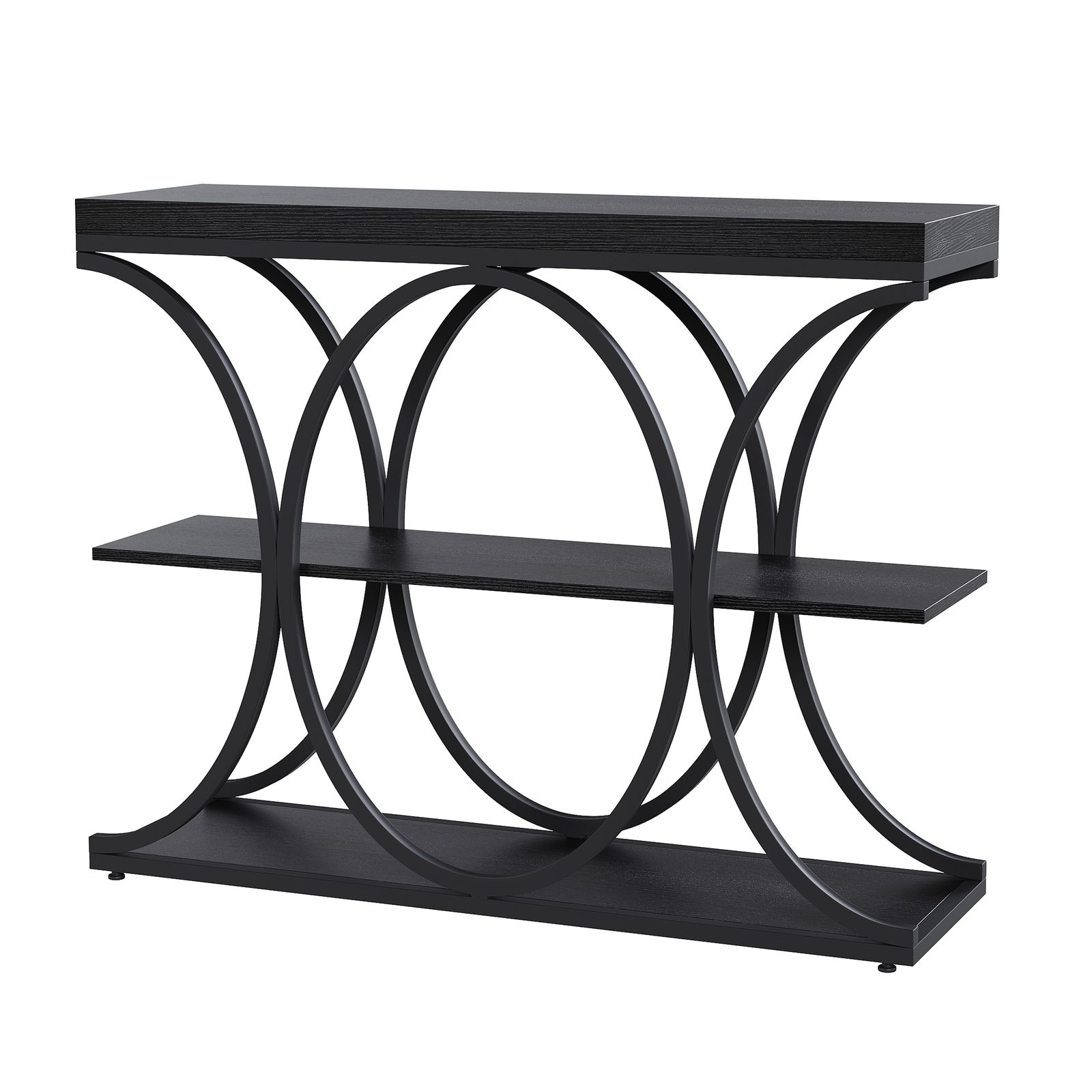 Slim Console Table With 3 Levels And Circular Metal Base For Organizing And