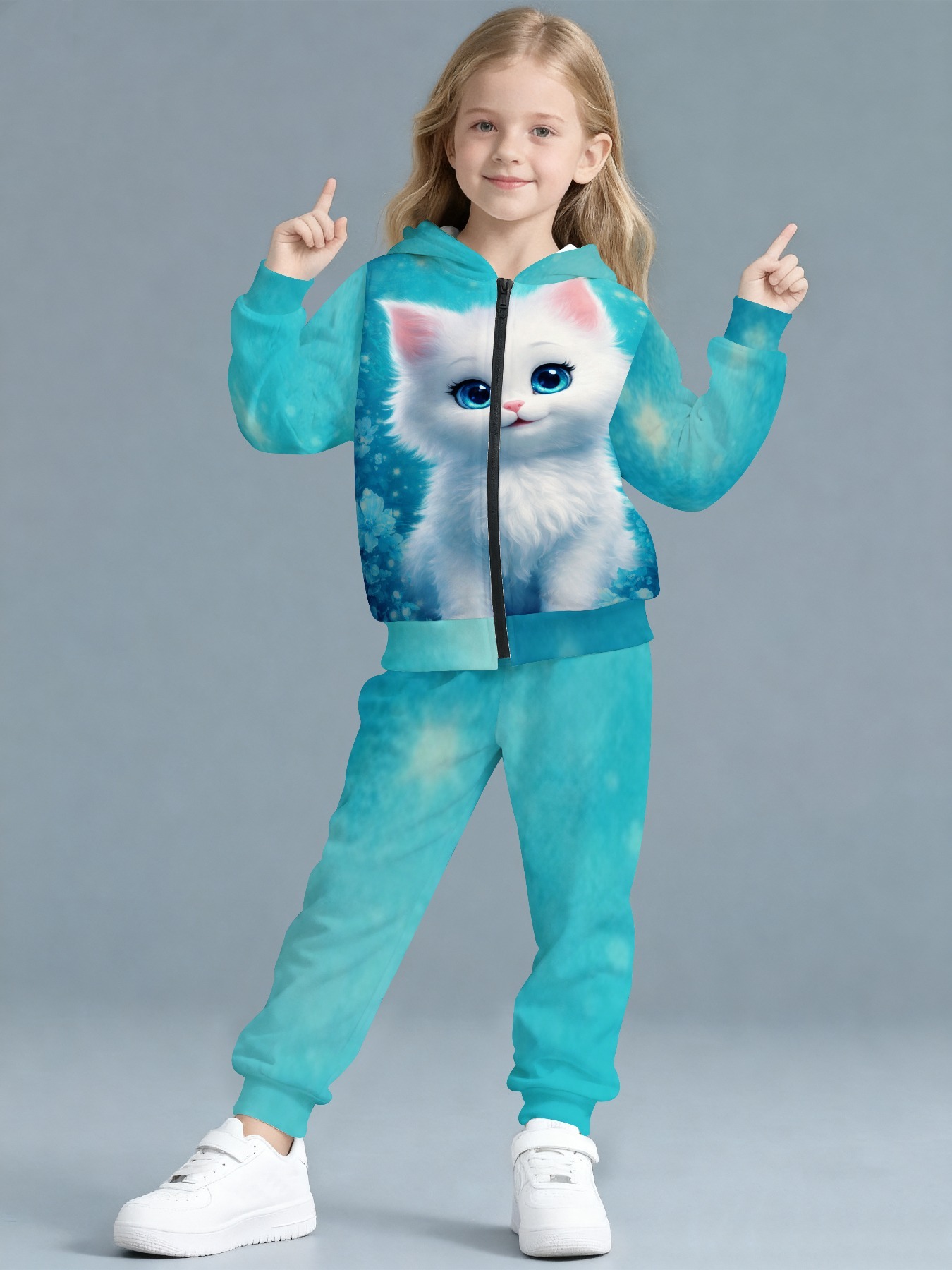 Girls' Stylish Hooded Zip-Up Sweatshirt and Long Pants Set