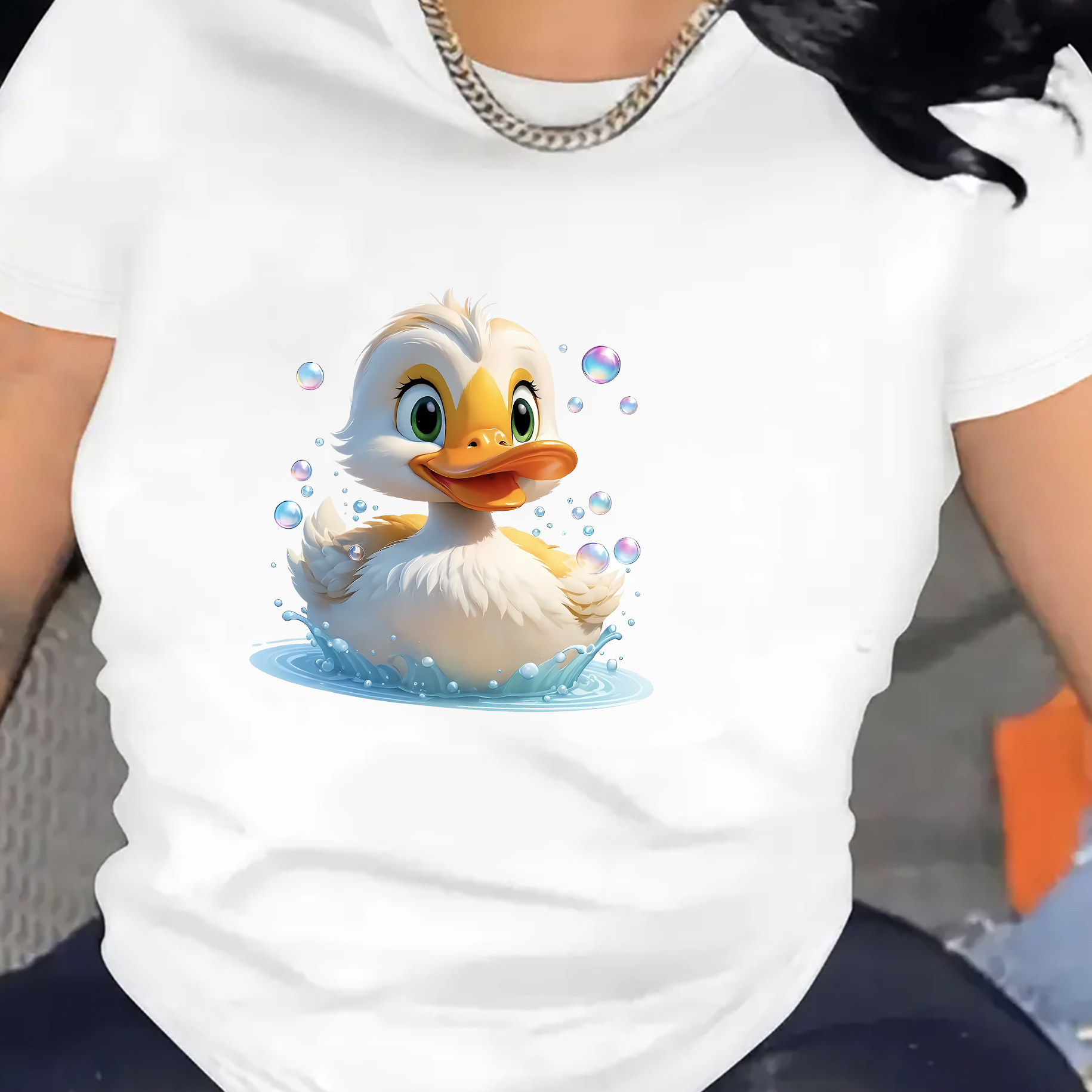 

1pc Women' Cartoon Duck Print T-shirt, Casual Sporty Breathable Short Sleeve Crew Neck Tee, Polyester 95% Spandex 5%, Fit Top For Spring And Summer