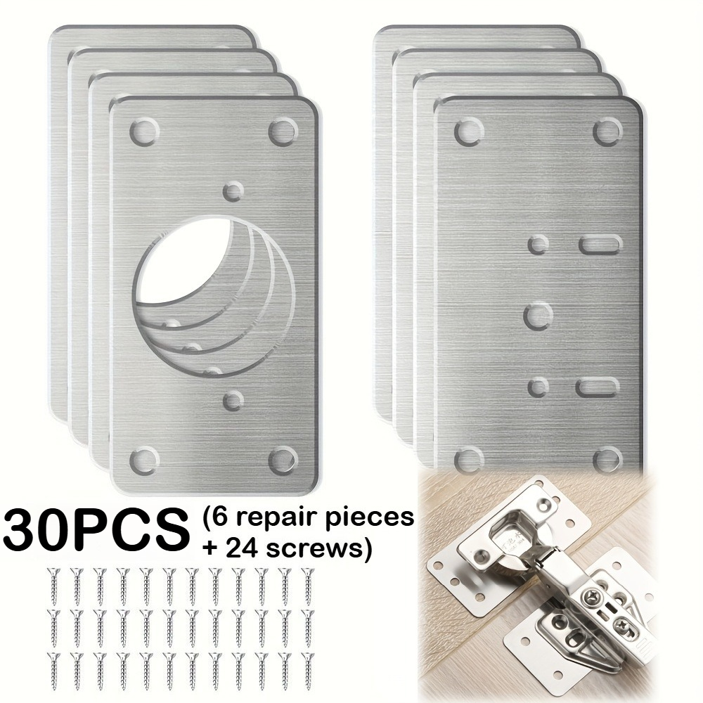 TEMU Kit de réparation de charnière en acier inoxydable 30pcs, comprenant 6 plaques de réparation de charnière et 24 vis. Convient aux scénarios