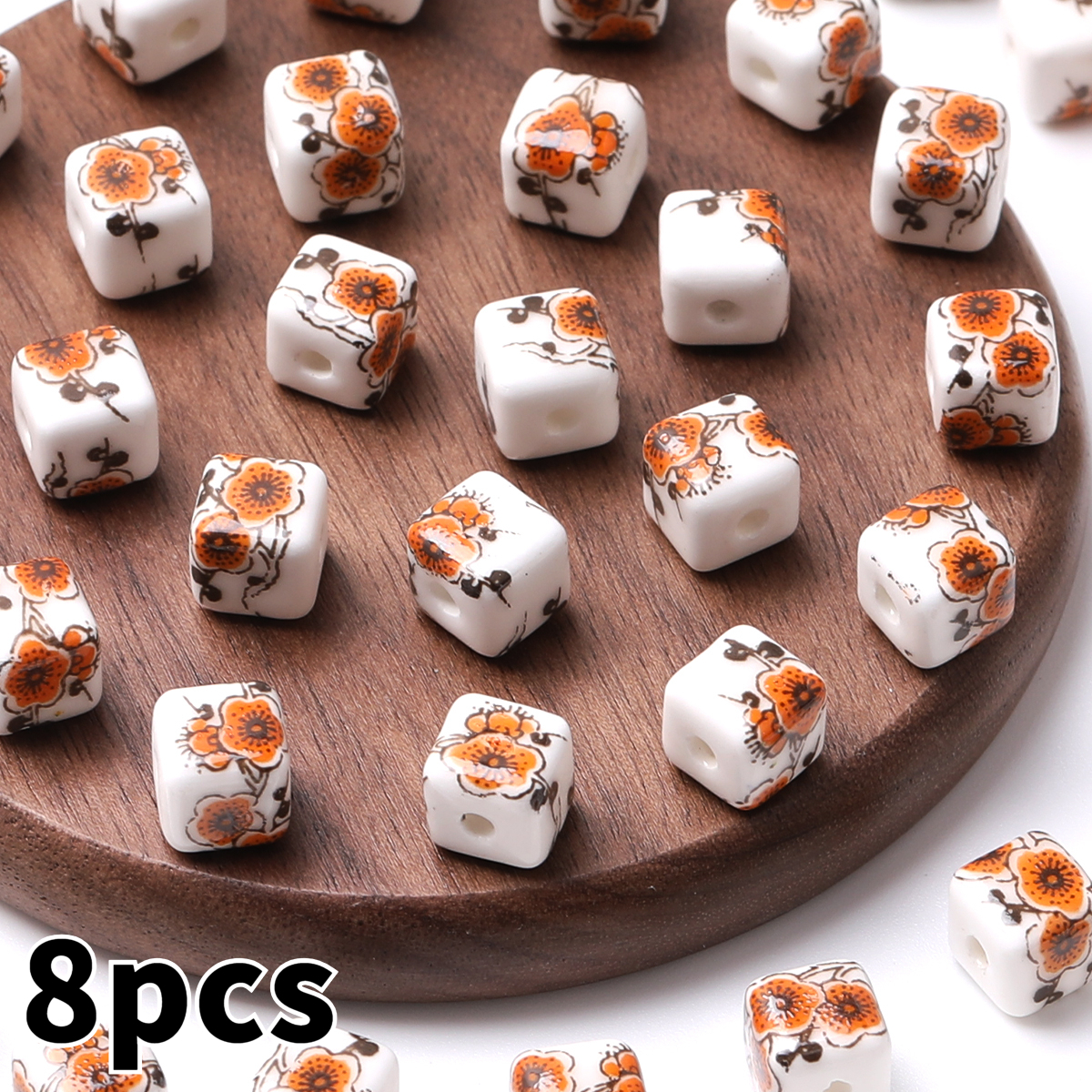 8pcs/16pcs Cube Printed Flowers Glazed Square Ceramic Beads for DIY Jewellery
