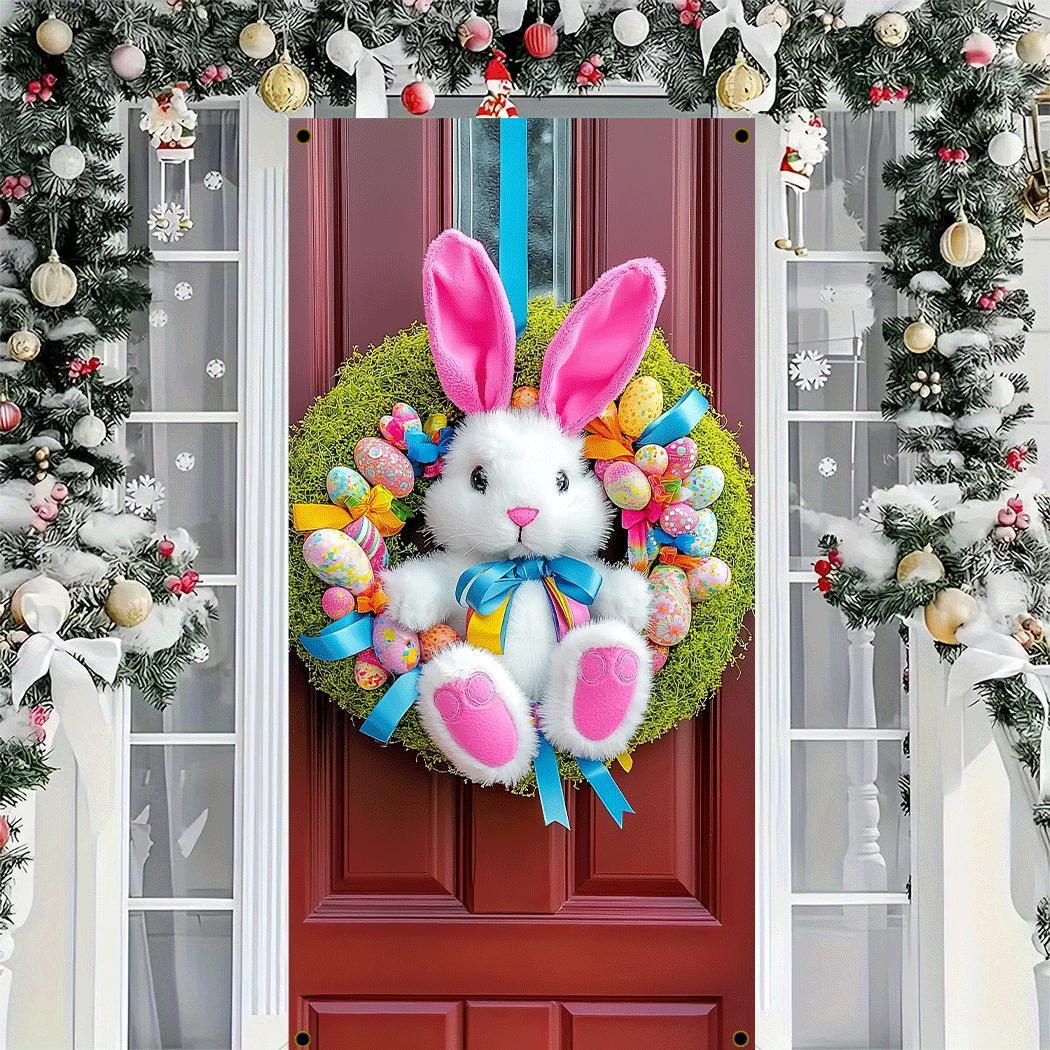 

1pc Easter Bunny & Eggs Over-the-door Wreath - Vibrant Spring & New Year Decoration, 2d Polyester Knit, No Batteries Required, Entrance Decor, Bunny Accessories