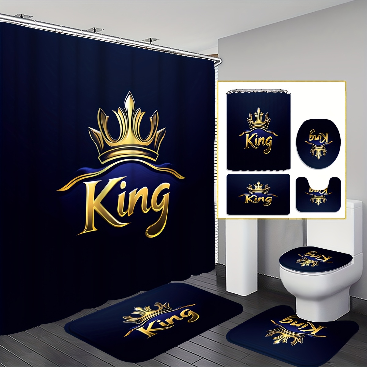 4pcs Luxury Bathroom Set Shower Curtain 70.87x70.87in Navy Blue Golden Pattern With 12 Hooks U-shaped Toilet Cover Bathroom Additions
