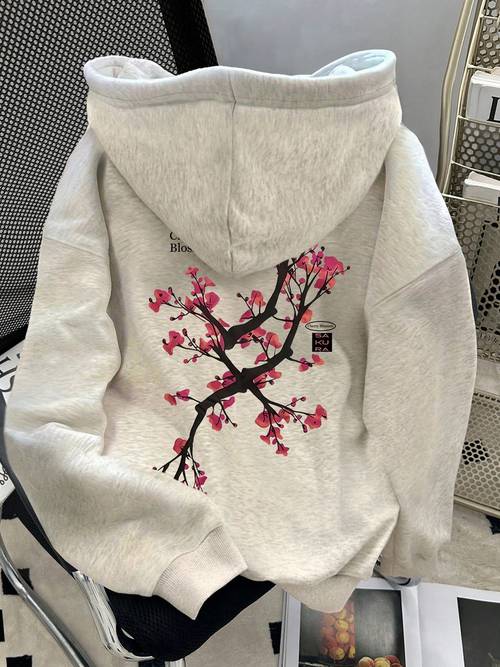 womens plum print hooded sweatshirt japanese inspired cherry fleece pullover with kangaroo pocket casual sporty outerwear ladies sweatshirts sporty style long sleeve top
