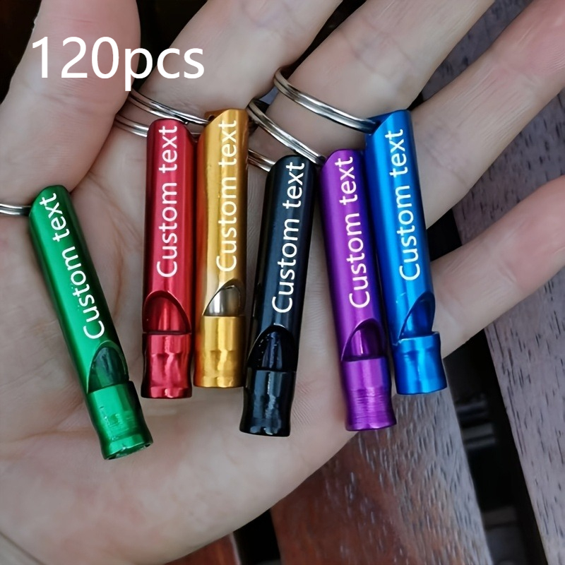E-shop 120 personalisierte gravierte Aluminiumlegierung Survival-Pfeife Schlüsselanhänger - Mehrfarbig Blau, Gold, Grün Hochfrequente Notfallpfeife,