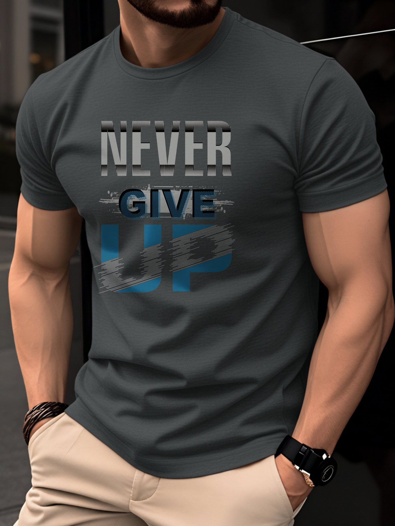 100% Cotton Men's T-Shirt, Summer Short Sleeve Thin Top, Trendy Fashion Slim Fit Youth Casual Versatile Daily Commute Sports Fitness NEVER GIVE UP English Print Letter Pattern