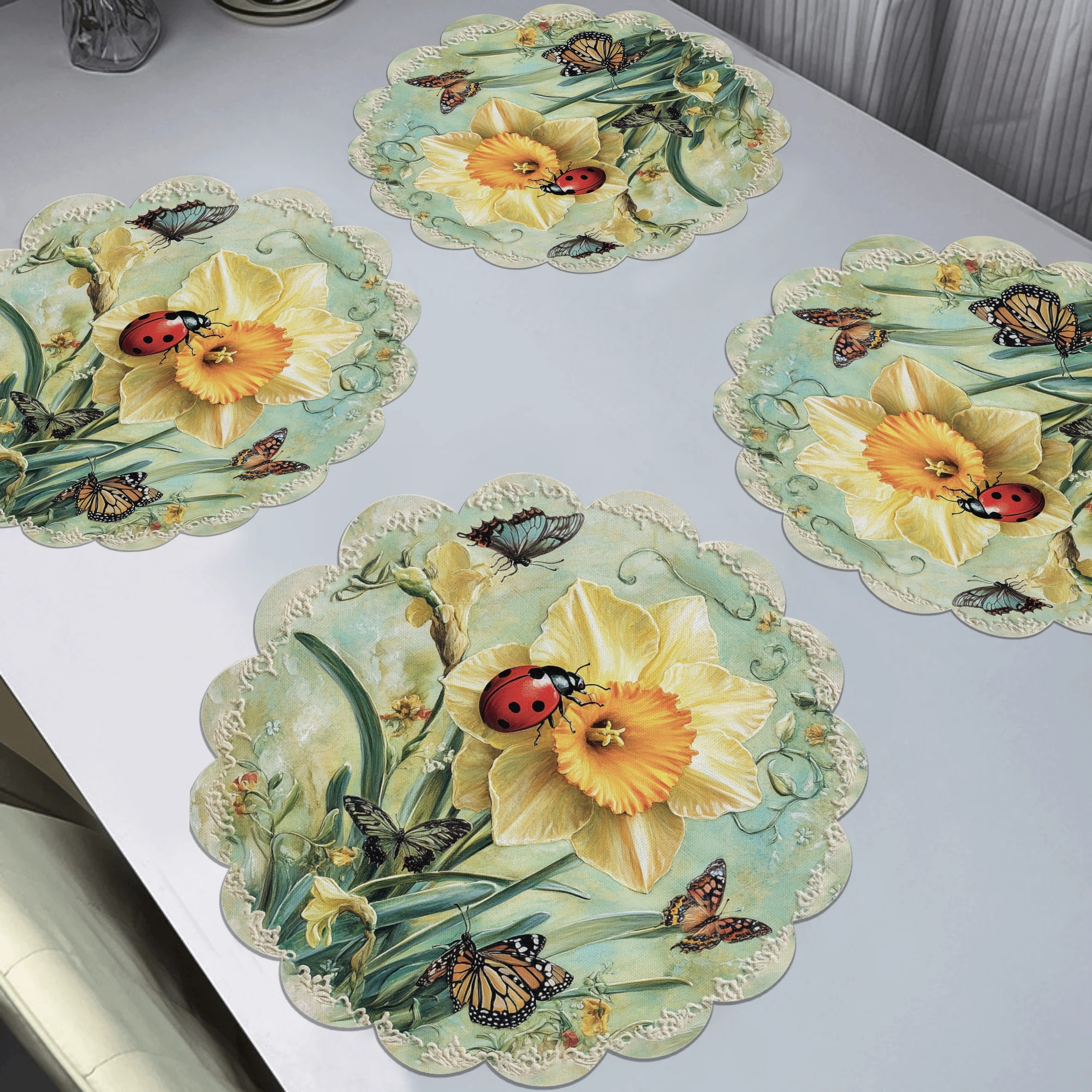 

4pcs Ladybug & Pattern Round Waves Placemats, Spring Placemats, Non-slip Knit Fabric Table Mats, Heat Resistant, Only, Decor For Dining & Party - 15