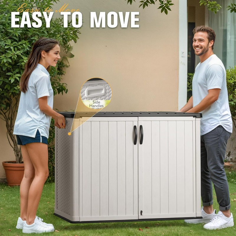 Large 27 Cu, ft Outdoor Horizontal Storage Shed - Heavy-Duty Resin Construction, Weatherproof Garden Shed with Ventilation Slots, Easy Assembly, for Backyard, Patio, Lawn, or Commercial Use - Ideal for Tools, Lawn Equipment, Seasonal Decor - White, Backyard Organization, Slatted Side Design, Durable Construction, Patio Organization, Sturdy Build, DIY Enthusiasts