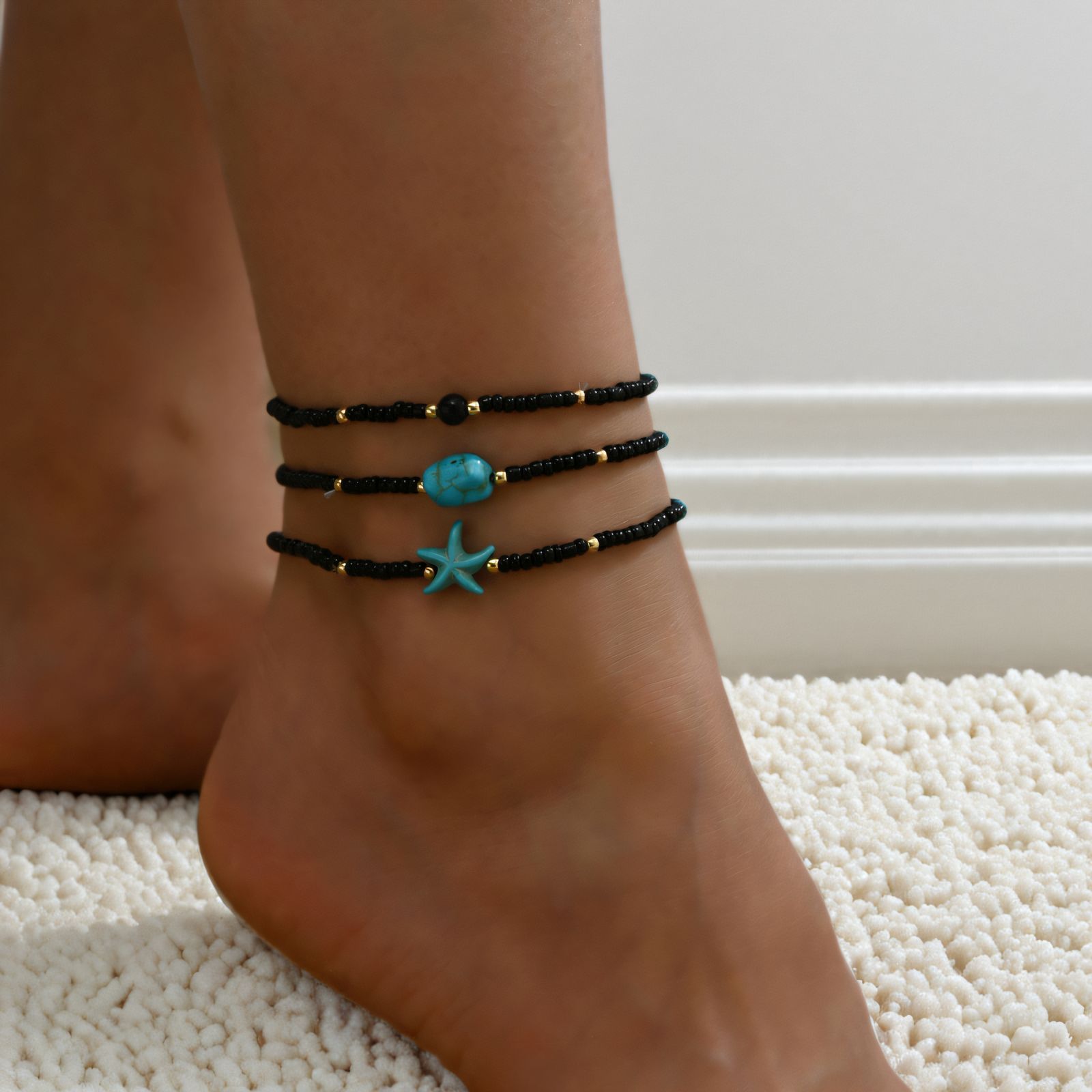 3 Pcs Women's Ankle Bracelets Set with Starfish & Turquoise Beads